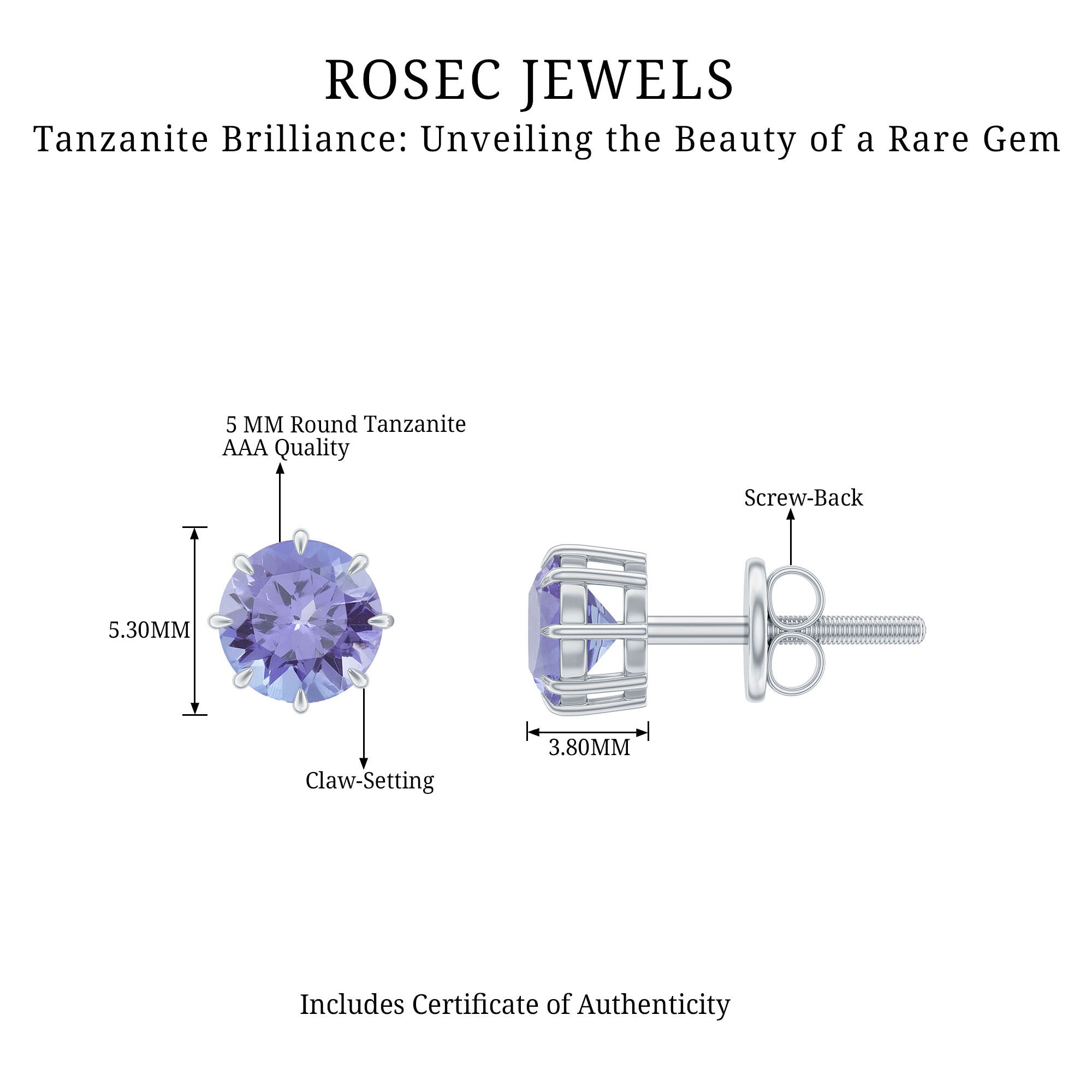 1 Carat Natural Tanzanite Round Stud Earrings for Women AAA - Rosec Jewels