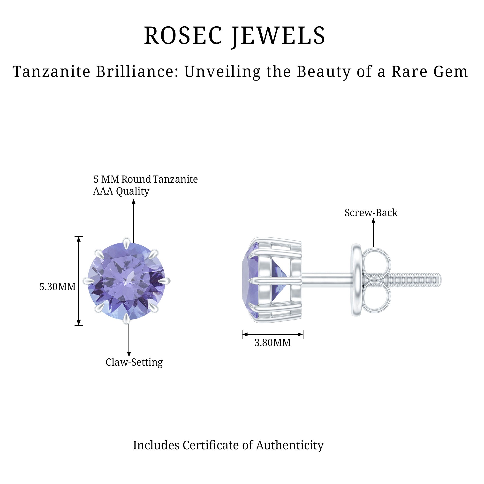 1 Carat Natural Tanzanite Round Stud Earrings for Women AAA - Rosec Jewels
