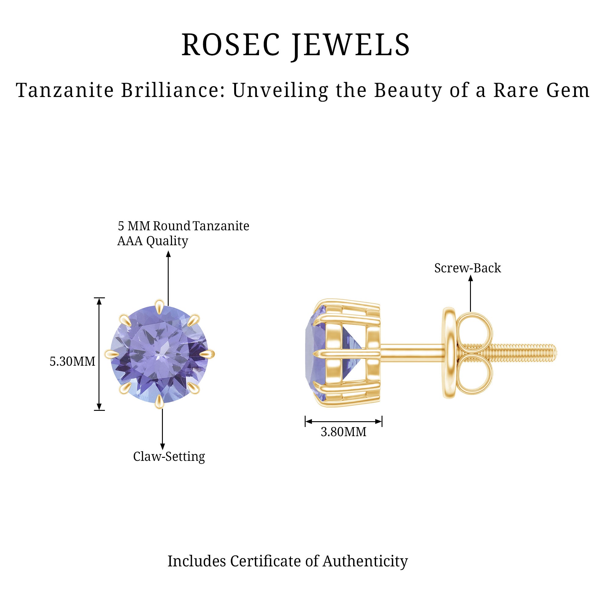 1 Carat Natural Tanzanite Round Stud Earrings for Women AAA - Rosec Jewels