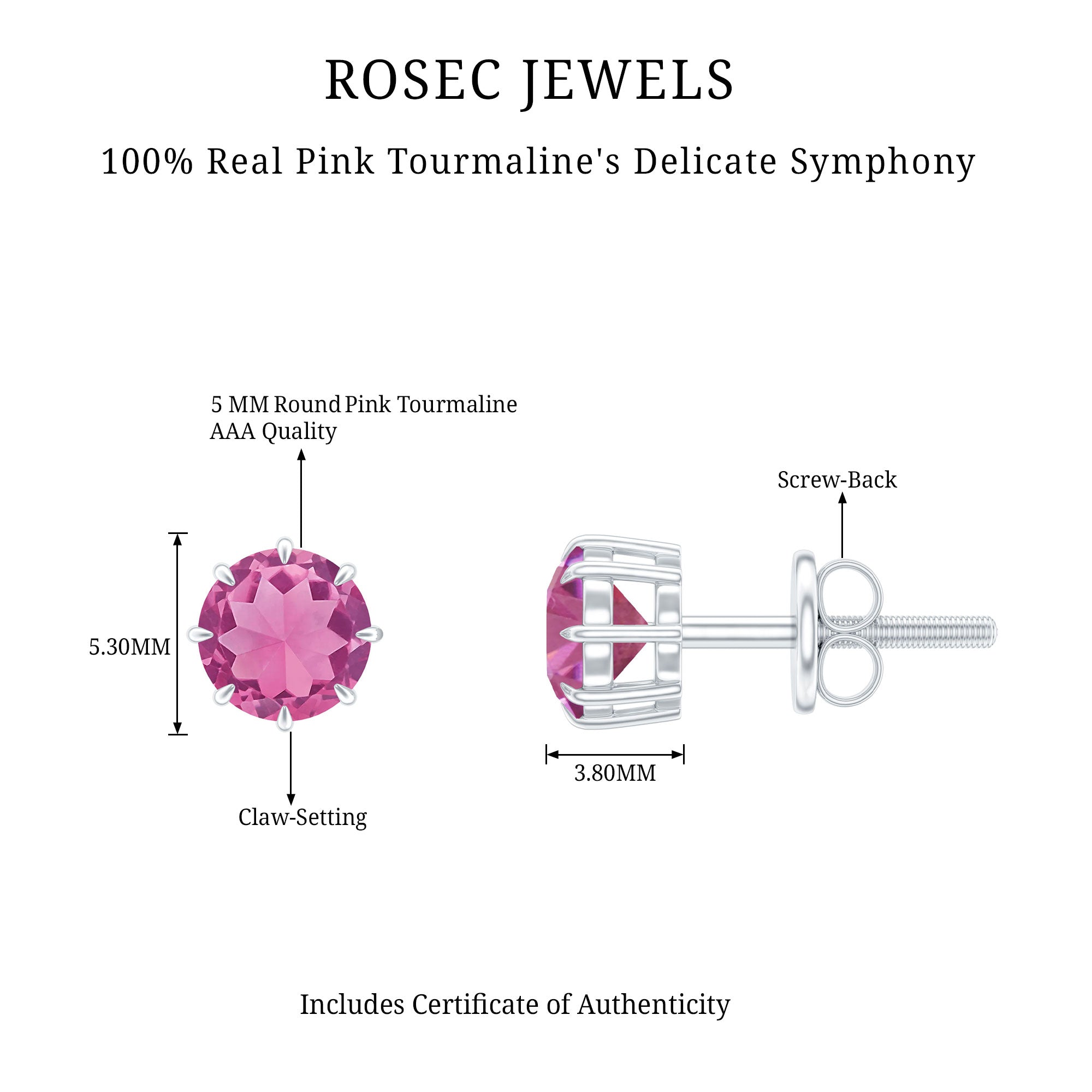 Genuine 0.9 Carat Pink Tourmaline Stud Earrings with Screw Back AAA - Rosec Jewels