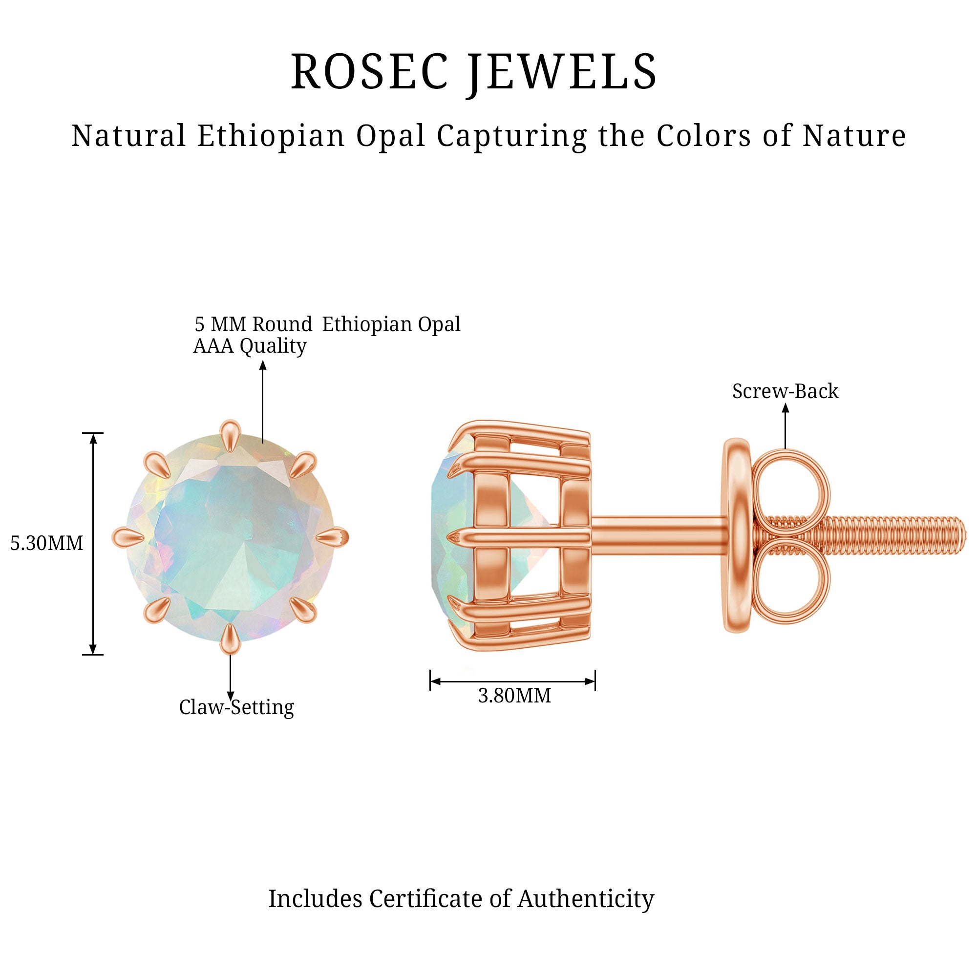 1 Carat Natural Ethiopian Opal Solitaire Stud Earrings AAA - Rosec Jewels