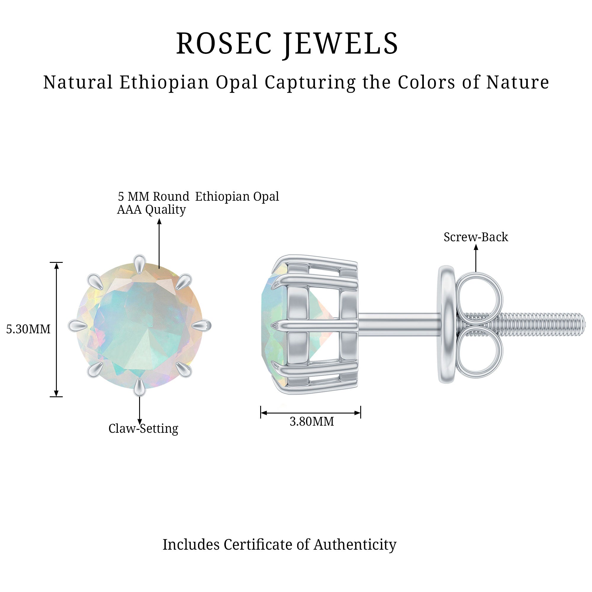 1 Carat Natural Ethiopian Opal Solitaire Stud Earrings AAA - Rosec Jewels