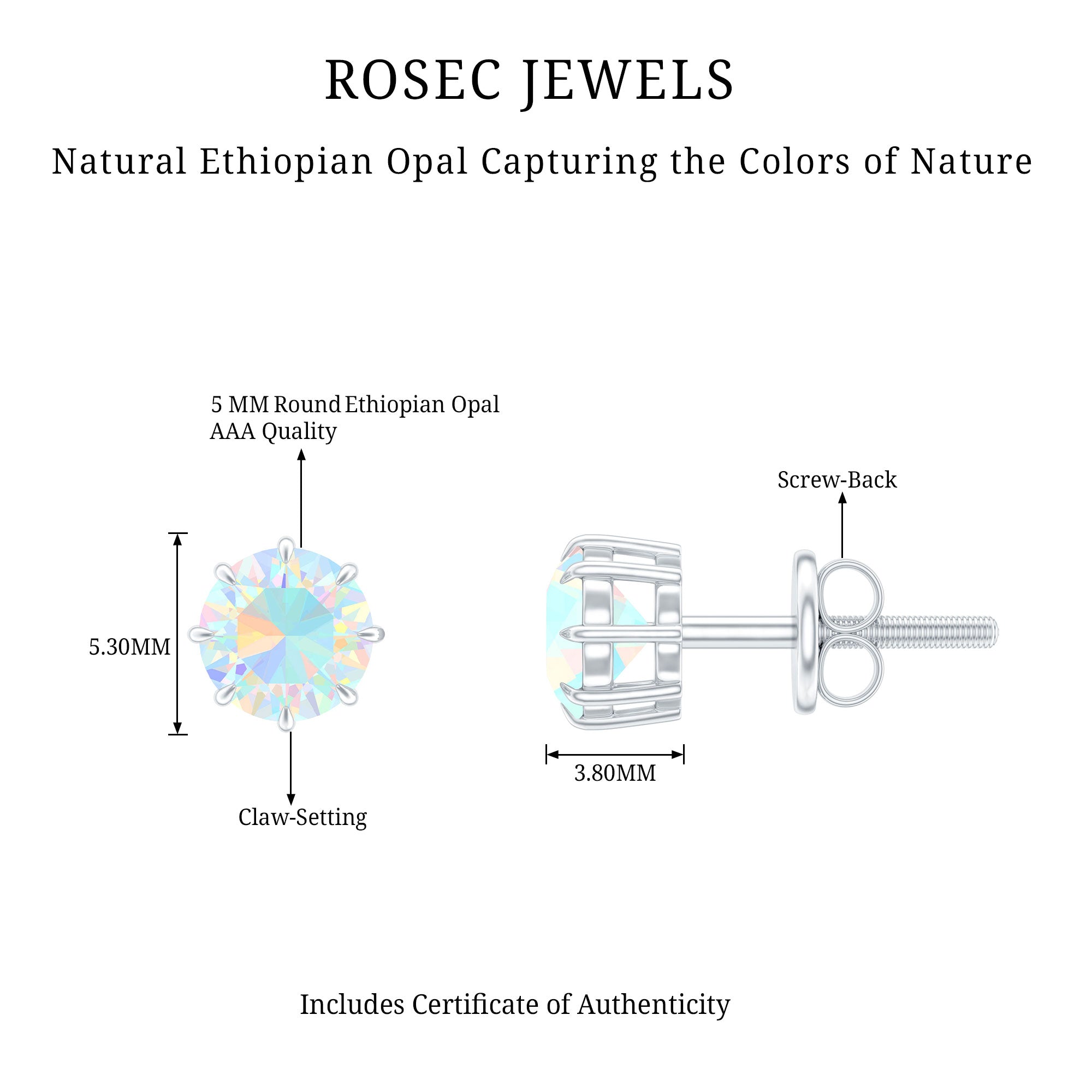 1 Carat Natural Ethiopian Opal Solitaire Stud Earrings AAA - Rosec Jewels