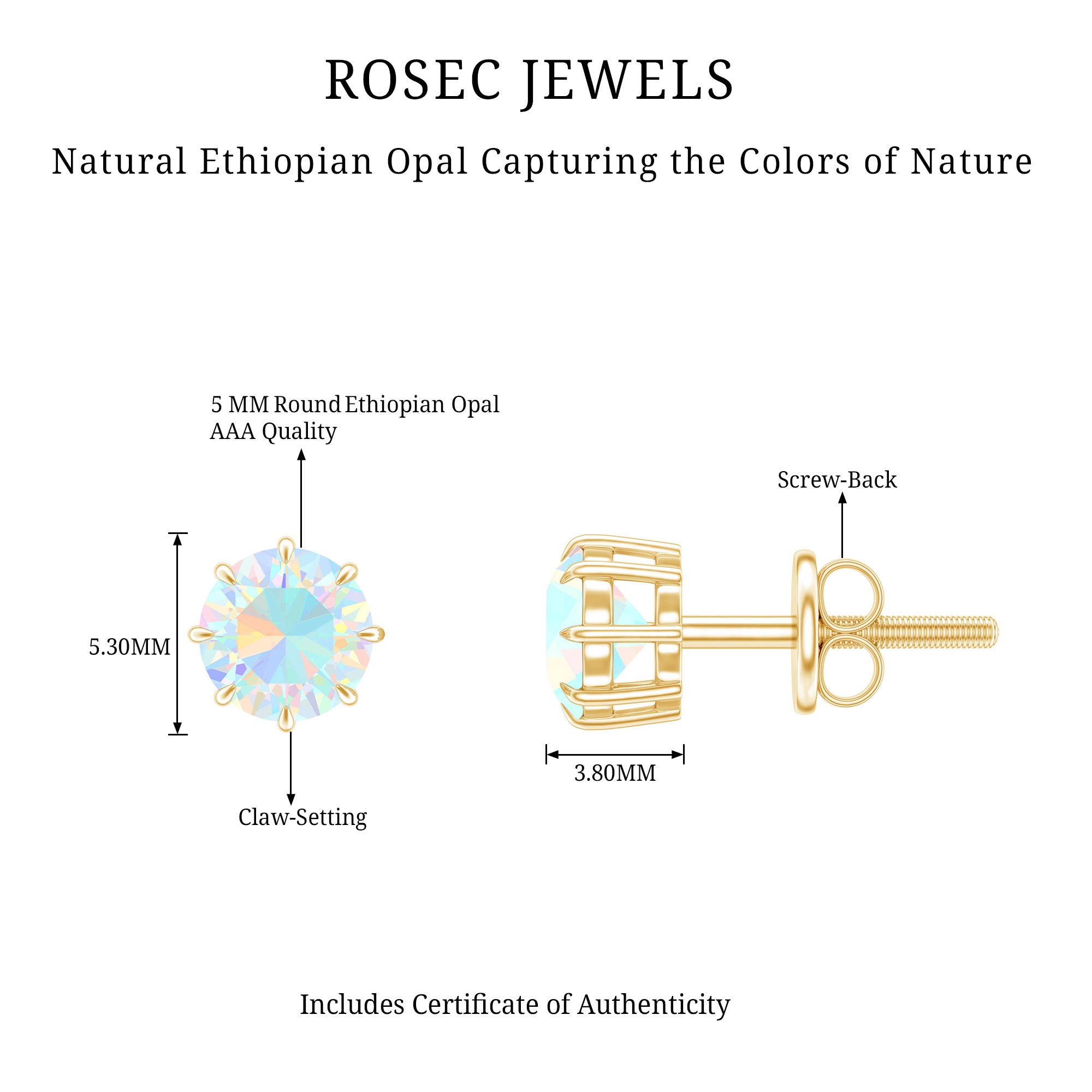 1 Carat Natural Ethiopian Opal Solitaire Stud Earrings AAA - Rosec Jewels
