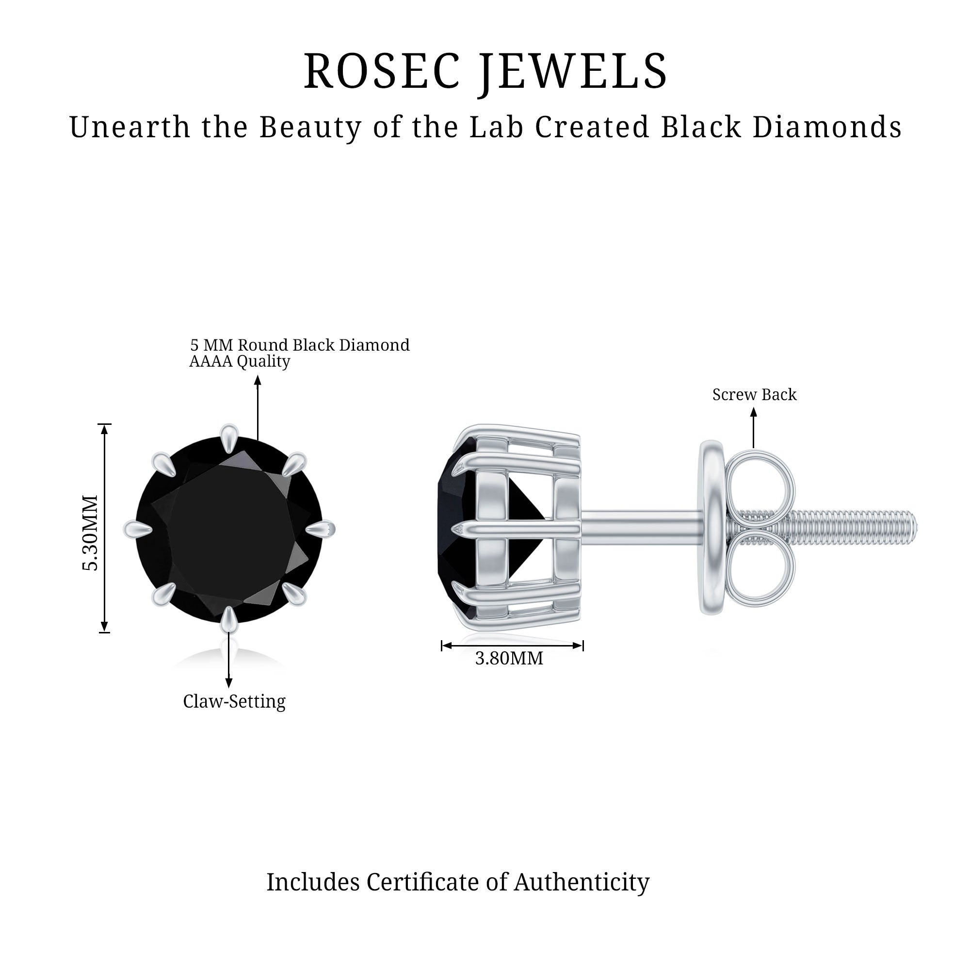 Solitaire 5MM Lab Created Black Diamond Stud Earrings AAAA ( Synthetic ) - Rosec Jewels