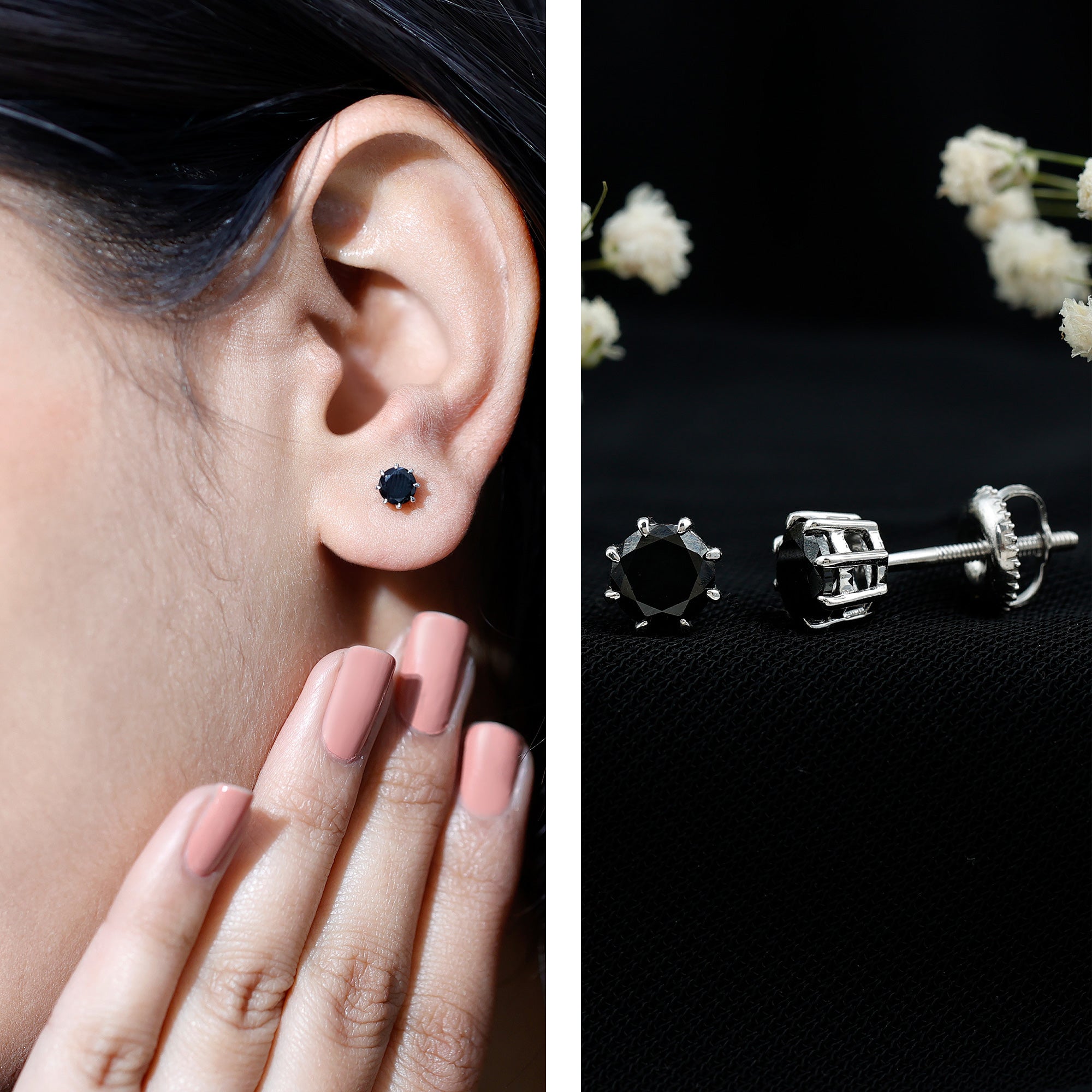 Solitaire 5MM Lab Created Black Diamond Stud Earrings AAAA ( Synthetic ) - Rosec Jewels