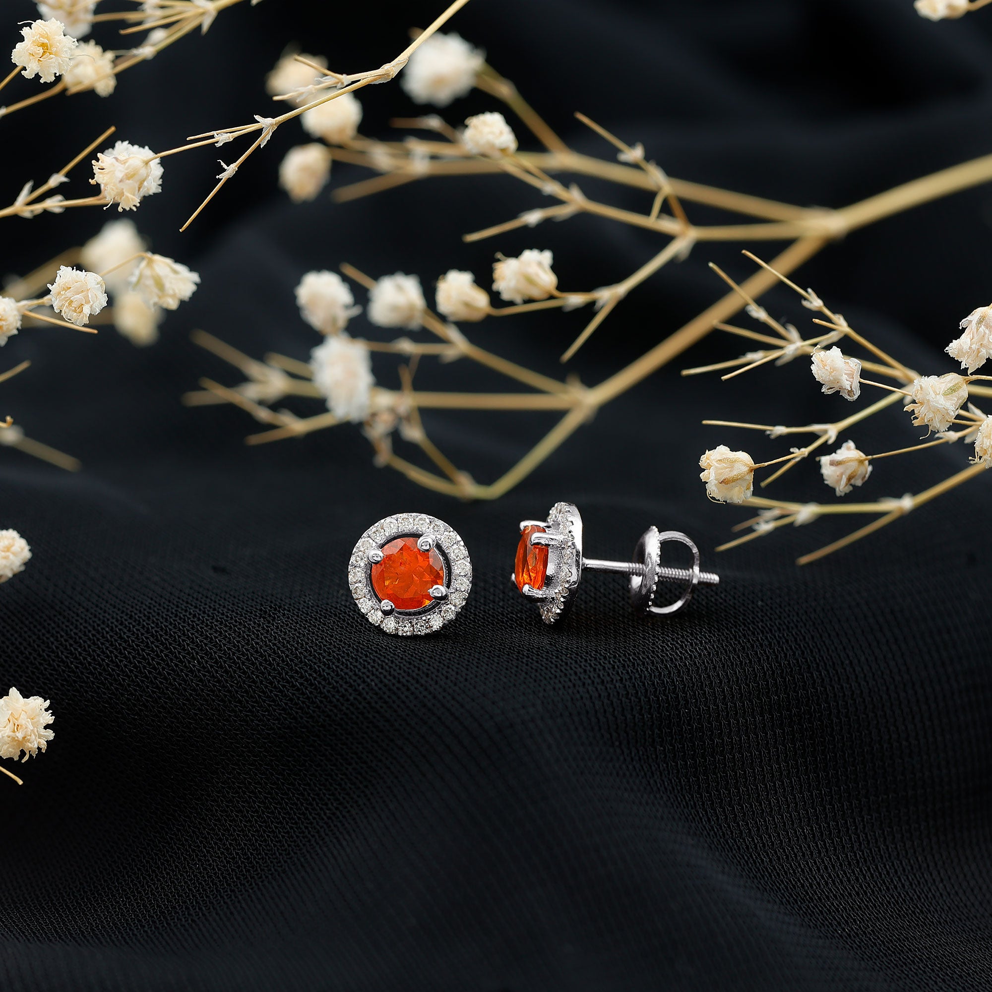 Natural Orange Fire Opal Stud Earrings With Diamonds AAA - Rosec Jewels