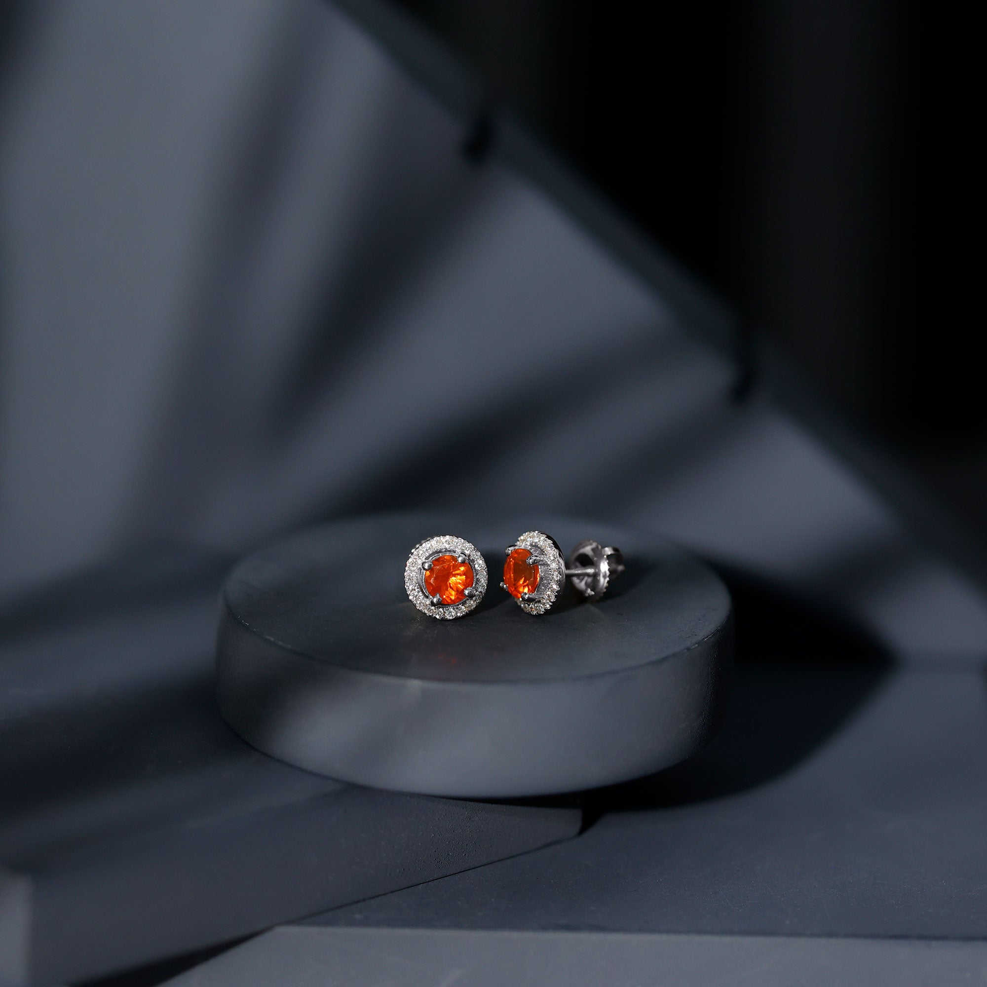 Natural Orange Fire Opal Stud Earrings With Diamonds AAA - Rosec Jewels