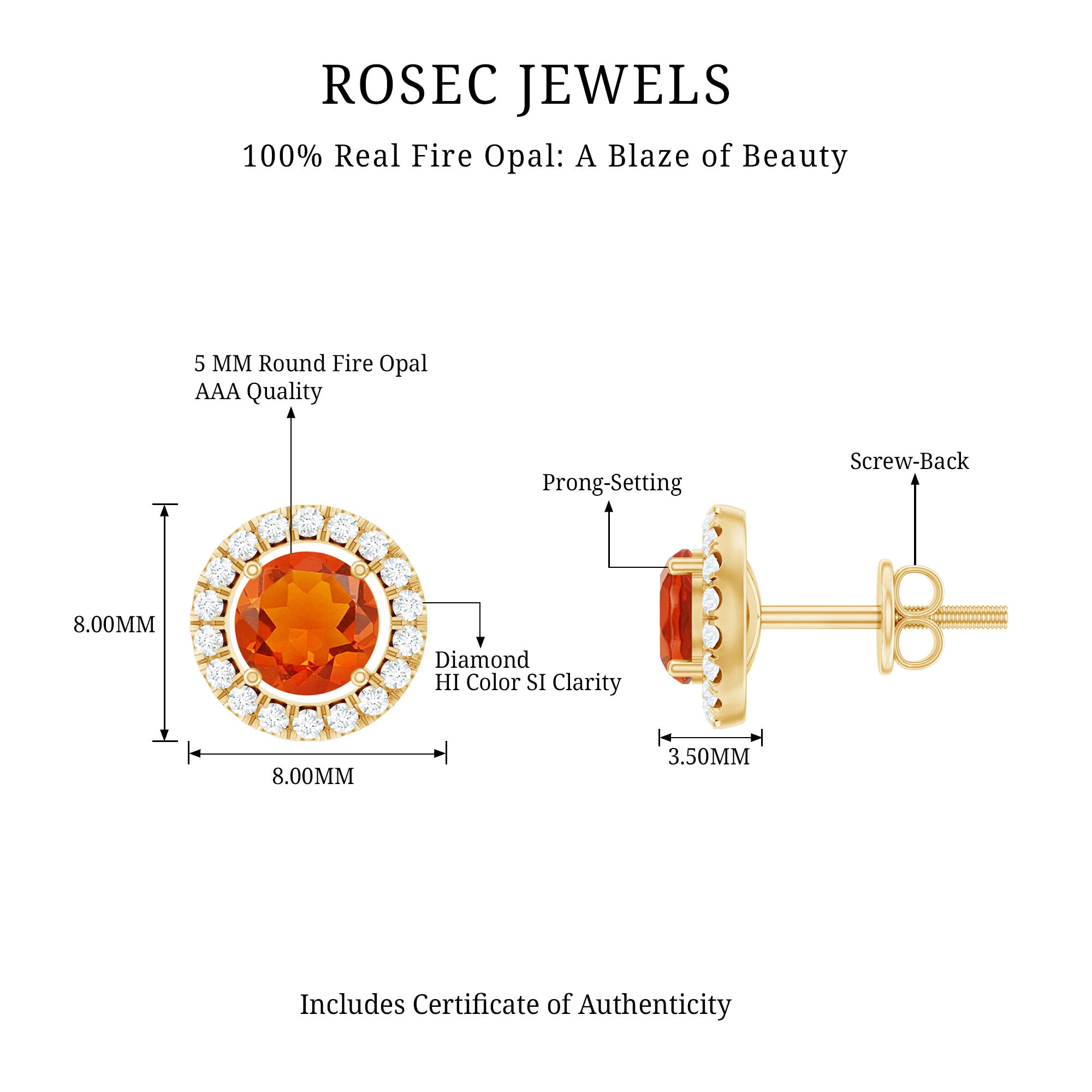 Natural Orange Fire Opal Stud Earrings With Diamonds AAA - Rosec Jewels