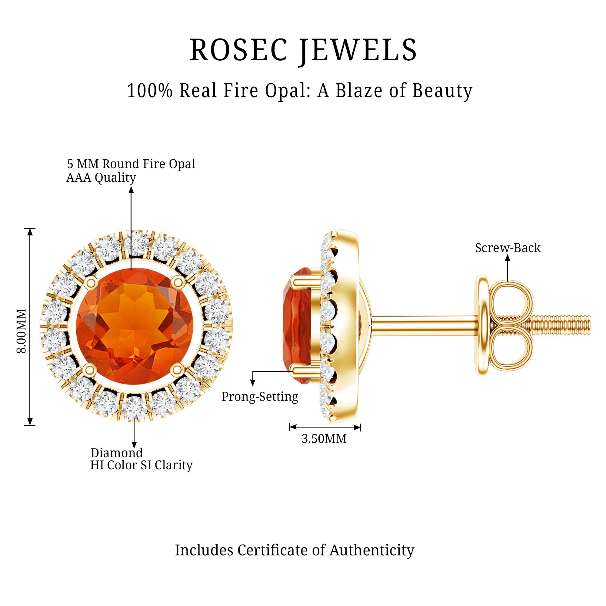 Natural Orange Fire Opal Stud Earrings With Diamonds AAA - Rosec Jewels