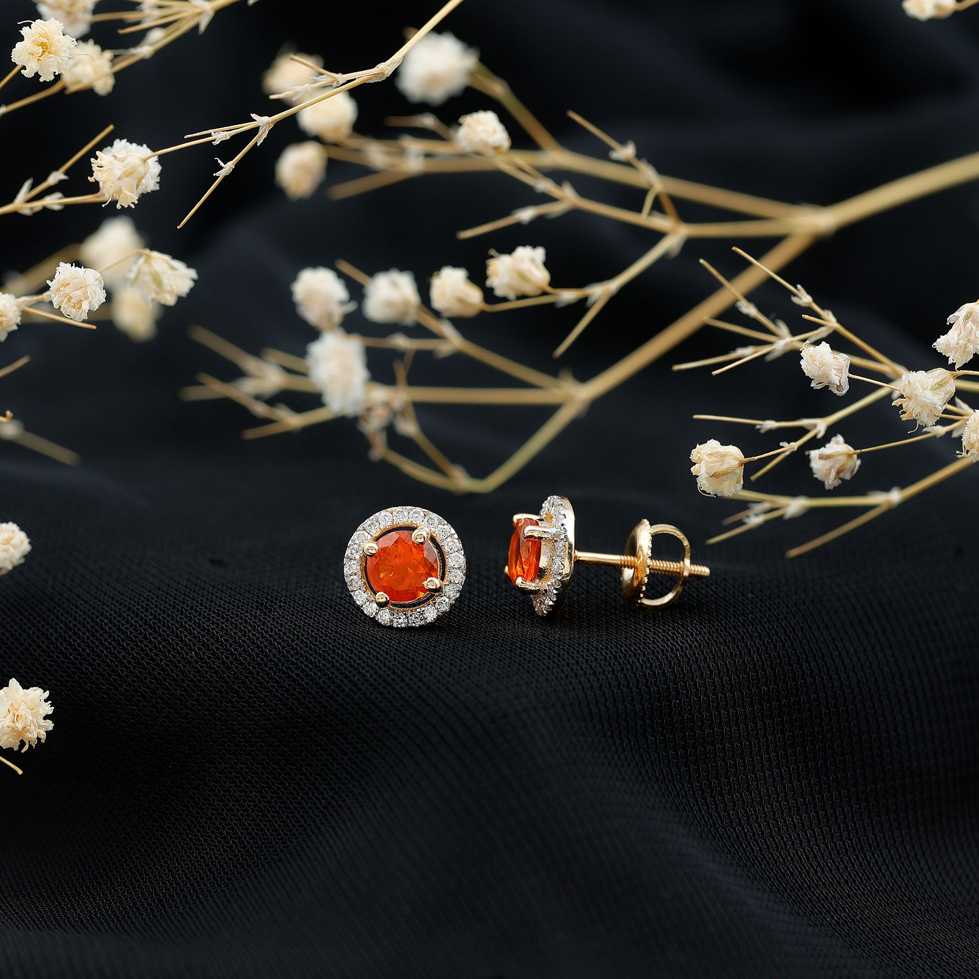 Natural Orange Fire Opal Stud Earrings With Diamonds AAA - Rosec Jewels