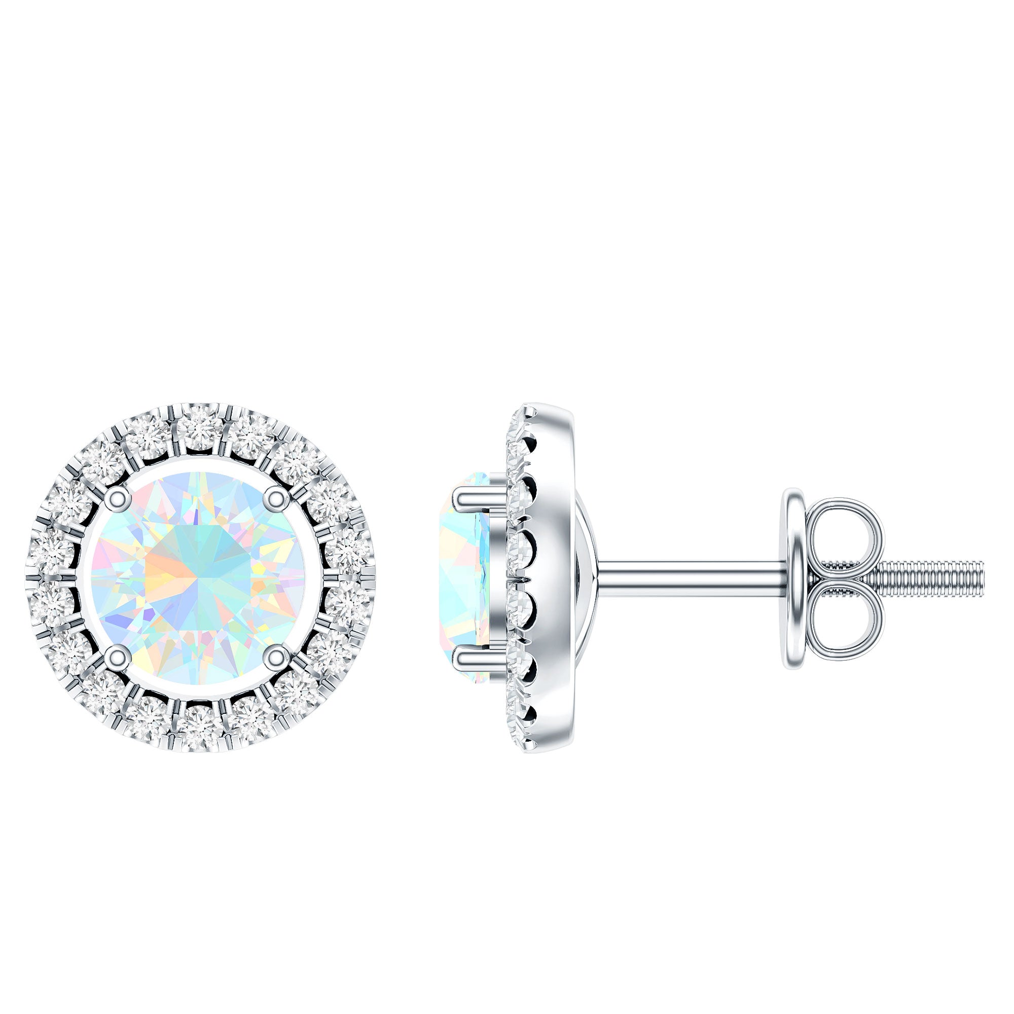 Round Ethiopian Opal and Diamond Halo Stud Earrings AAA - Rosec Jewels