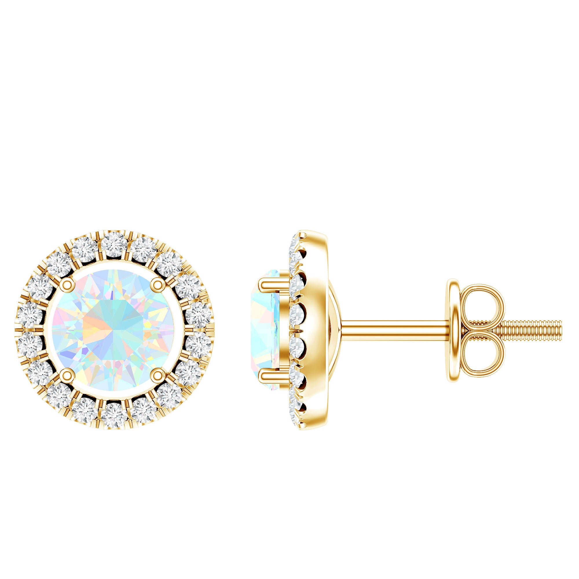 Round Ethiopian Opal and Diamond Halo Stud Earrings AAA - Rosec Jewels
