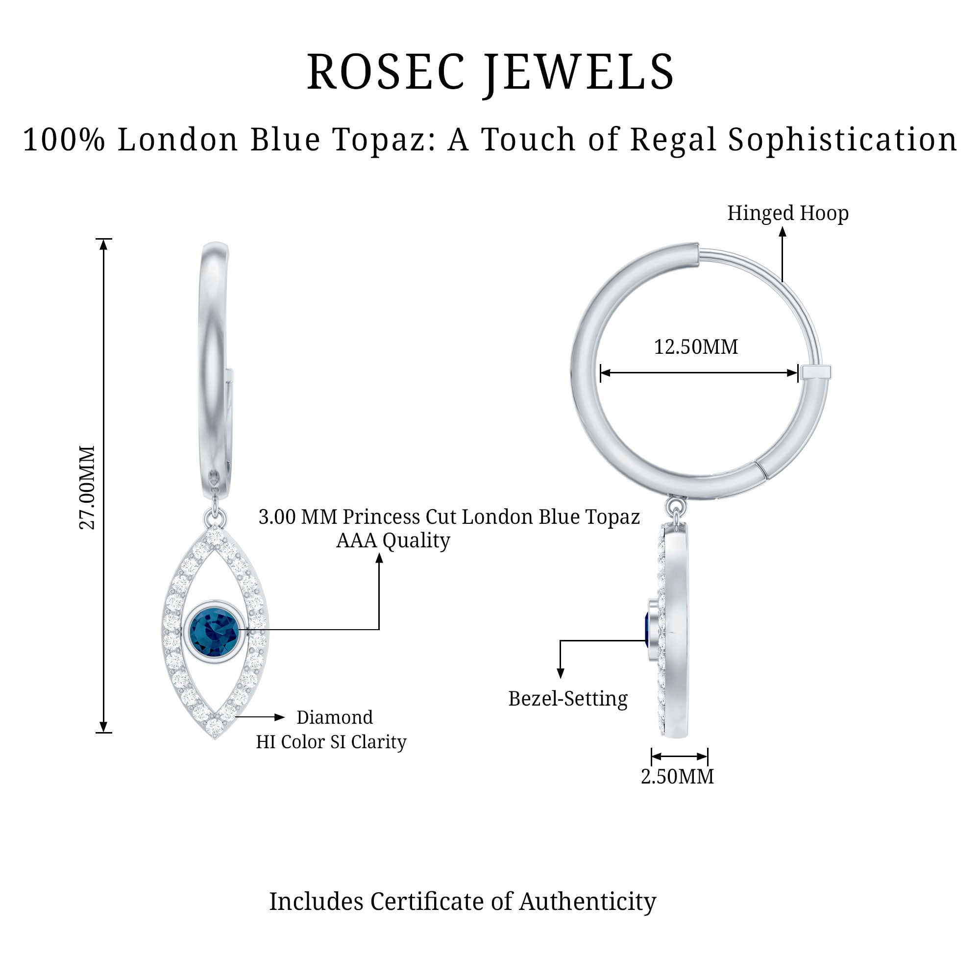 Real London Blue Topaz and Diamond Evil Eye Hoop Earrings AAA - Rosec Jewels