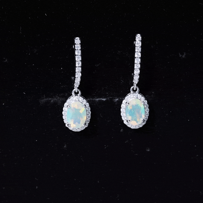 Natural Ethiopian Opal Hoop Drop Earrings with Diamond AAA - Rosec Jewels