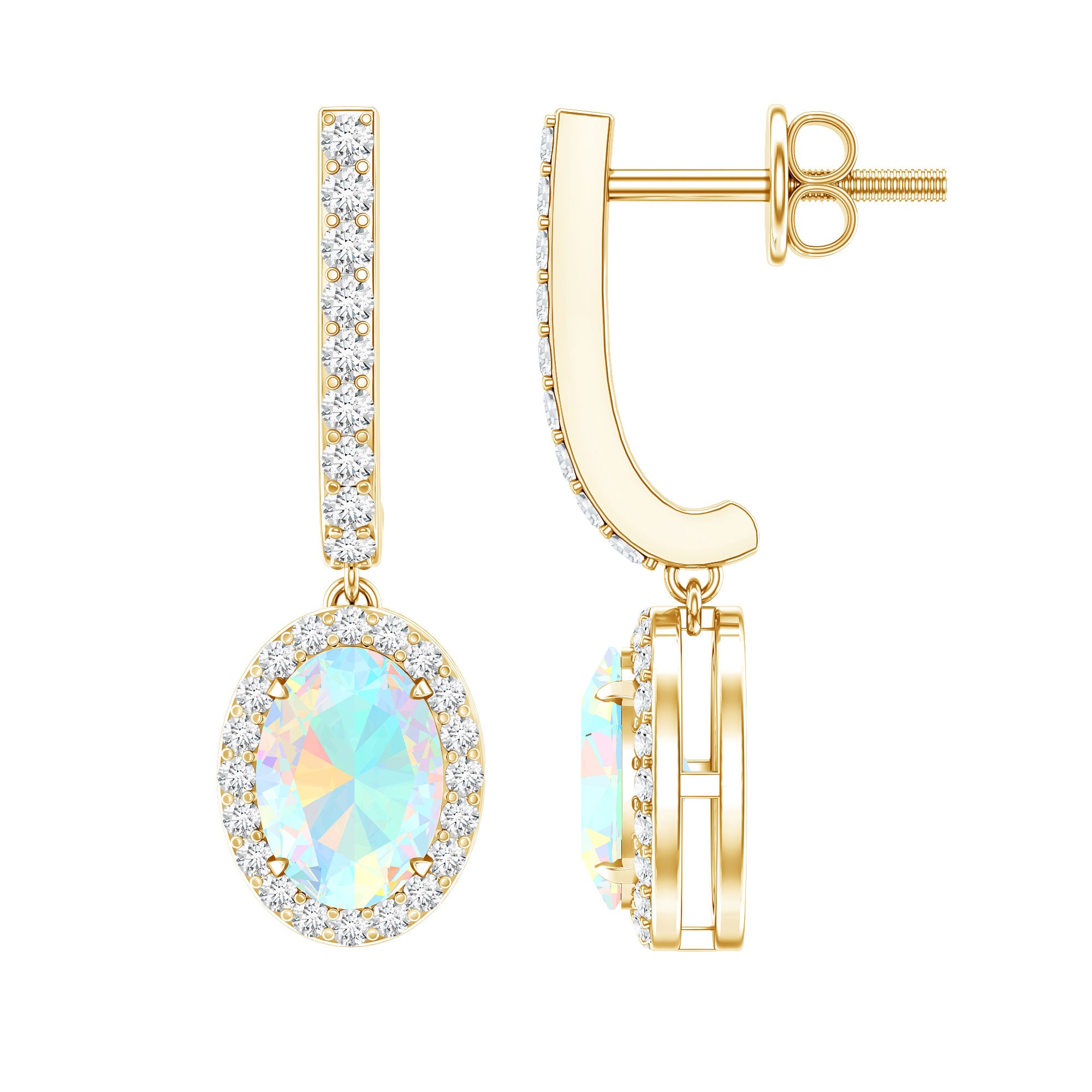 Natural Ethiopian Opal Hoop Drop Earrings with Diamond AAA - Rosec Jewels