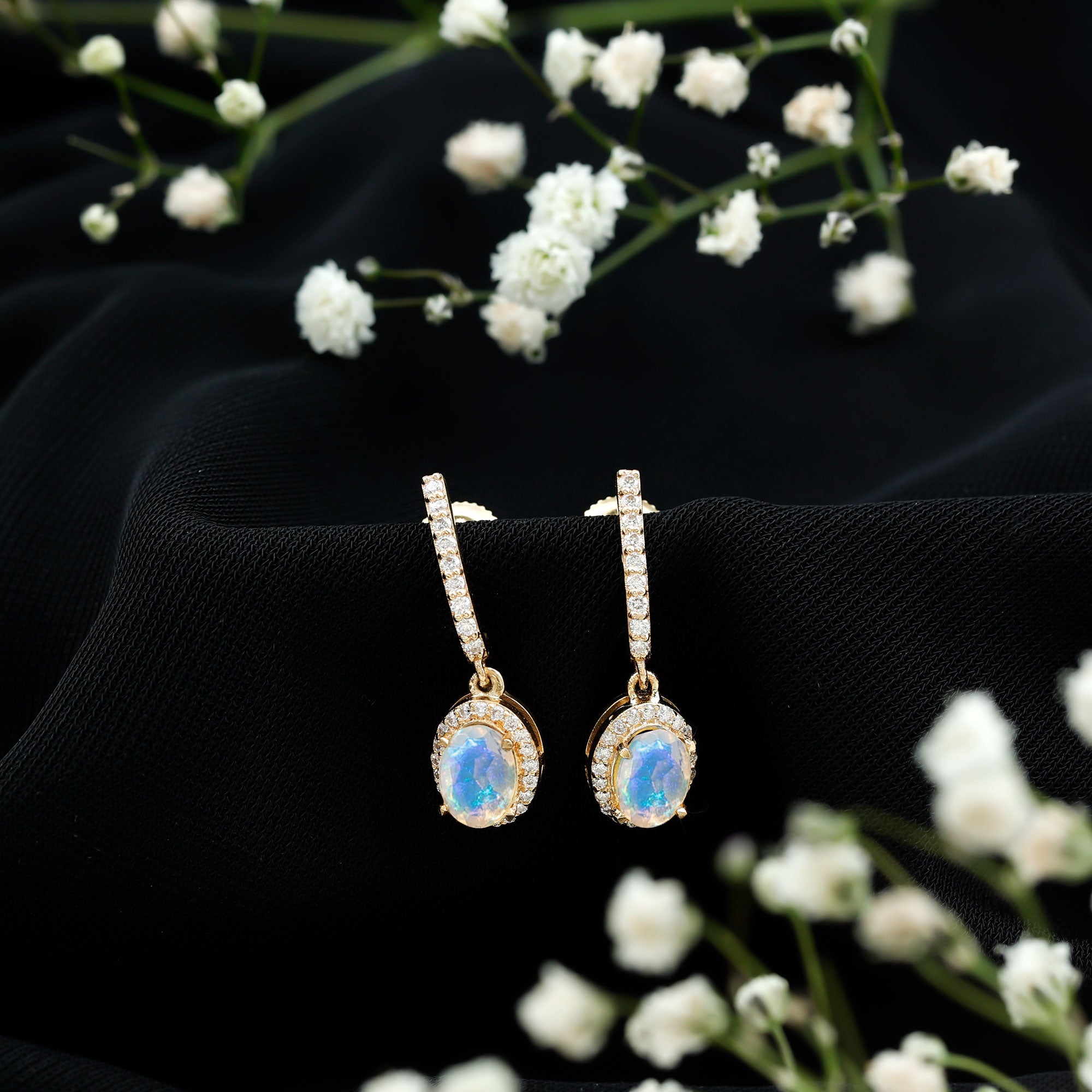 Natural Ethiopian Opal Hoop Drop Earrings with Diamond AAA - Rosec Jewels