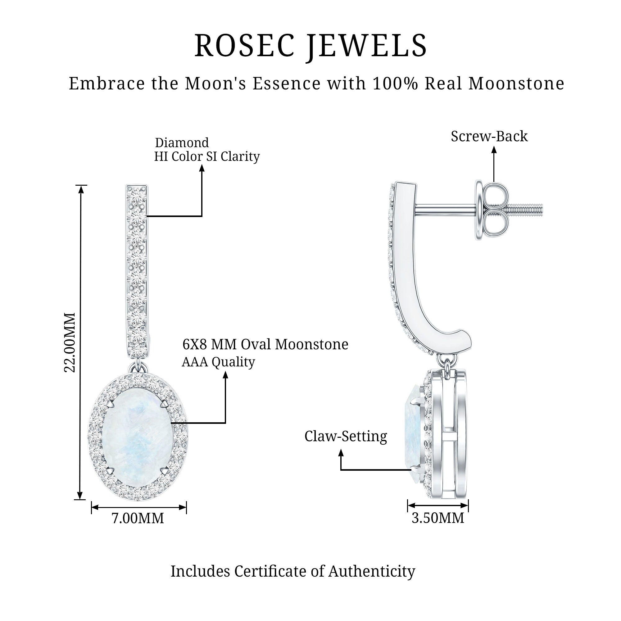 Genuine 1.2 Carat Oval Moonstone Drop Hoop Earrings with Diamond AAA - Rosec Jewels