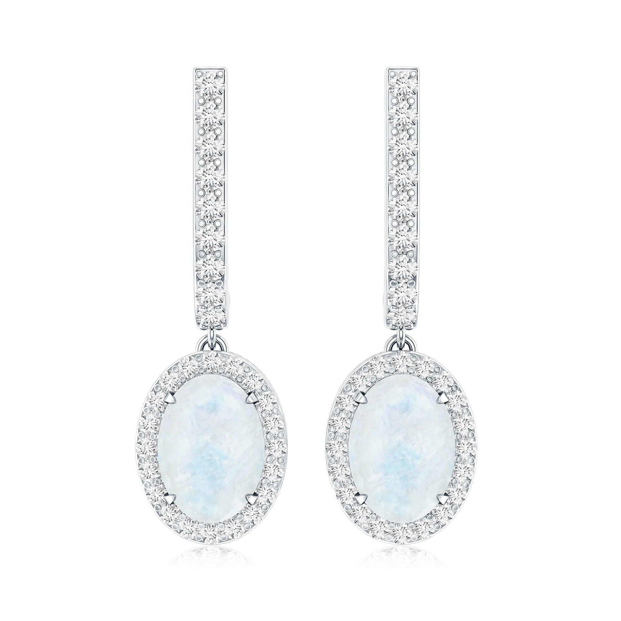 Genuine 1.2 Carat Oval Moonstone Drop Hoop Earrings with Diamond AAA - Rosec Jewels