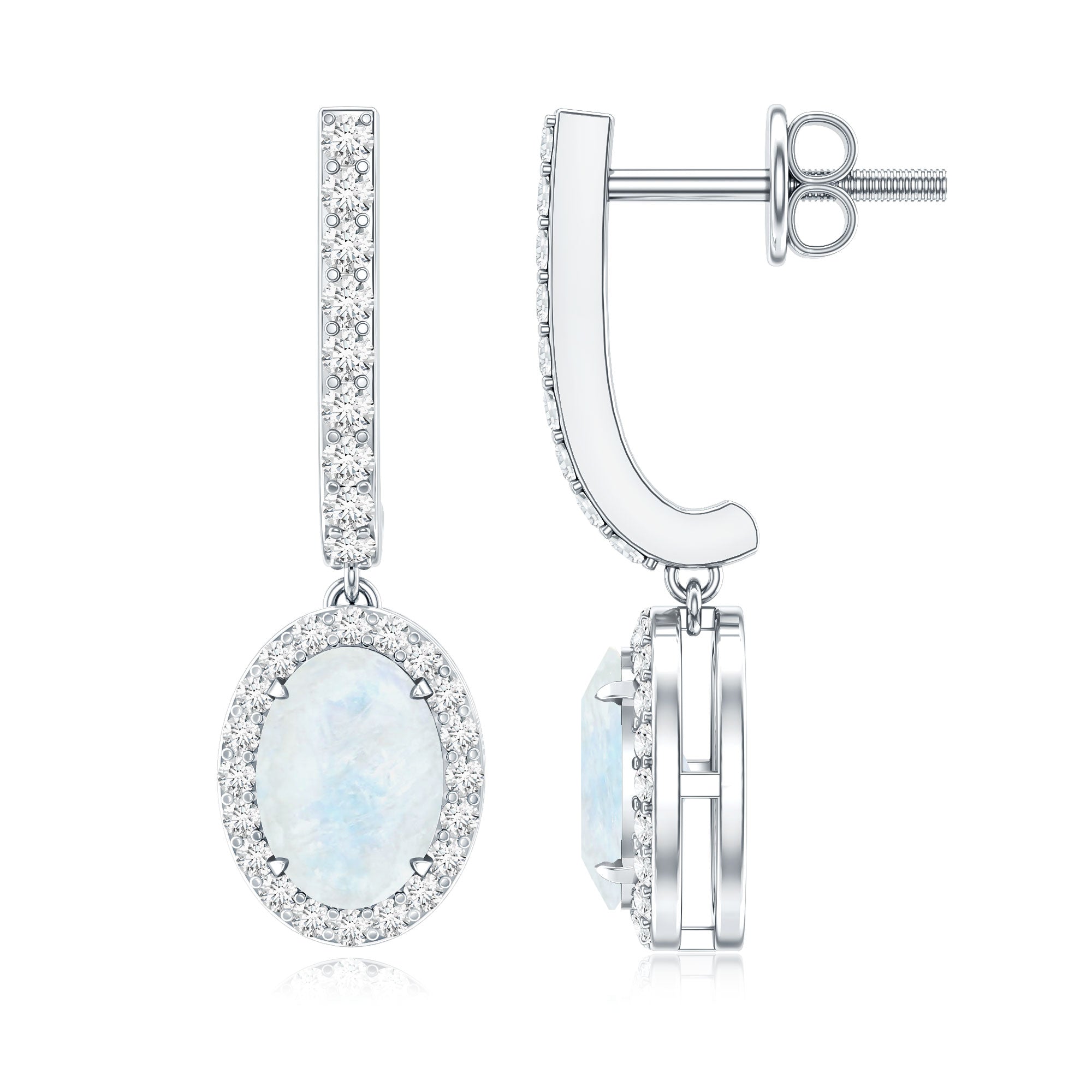 Genuine 1.2 Carat Oval Moonstone Drop Hoop Earrings with Diamond AAA - Rosec Jewels