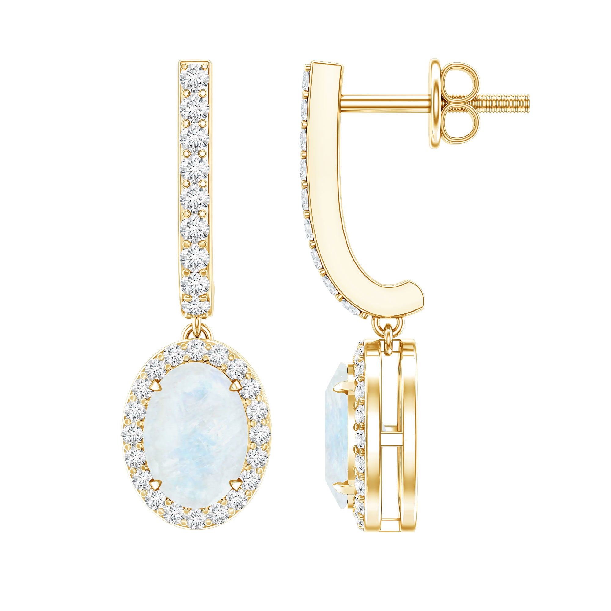 Genuine 1.2 Carat Oval Moonstone Drop Hoop Earrings with Diamond AAA - Rosec Jewels
