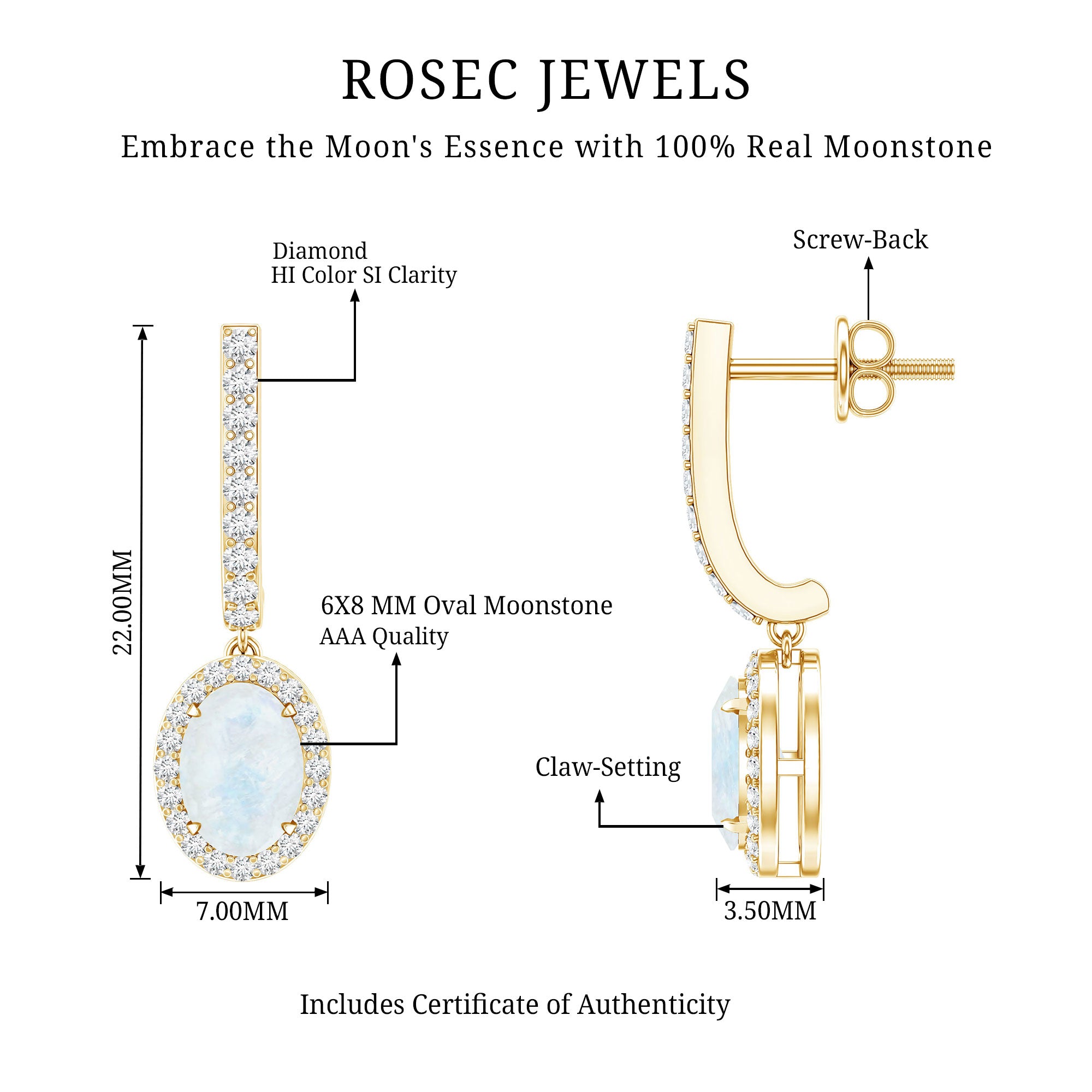 Genuine 1.2 Carat Oval Moonstone Drop Hoop Earrings with Diamond AAA - Rosec Jewels