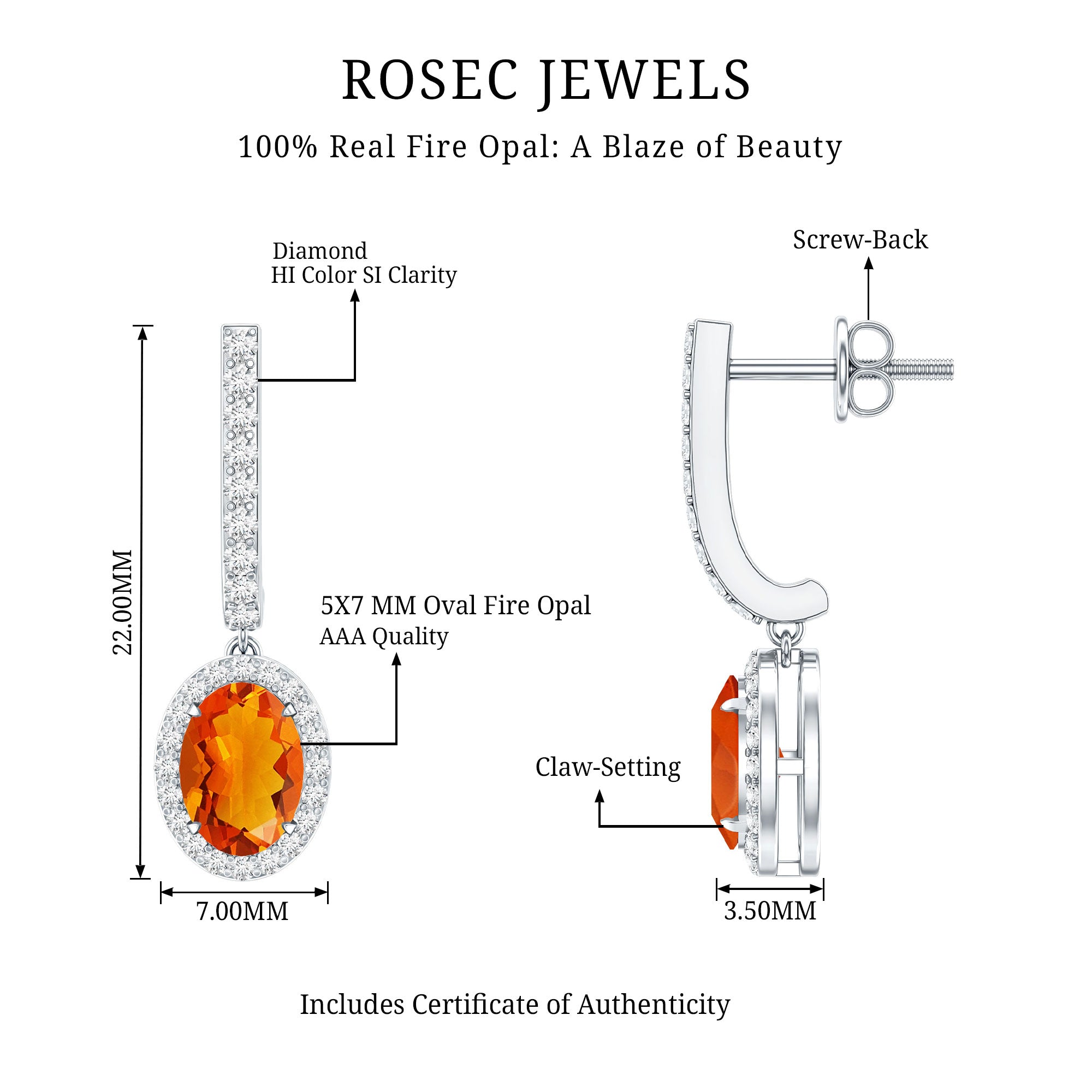 1.3 Carat Natural Oval Fire Opal Diamond Drop Earrings with Latch Back AAA - Rosec Jewels