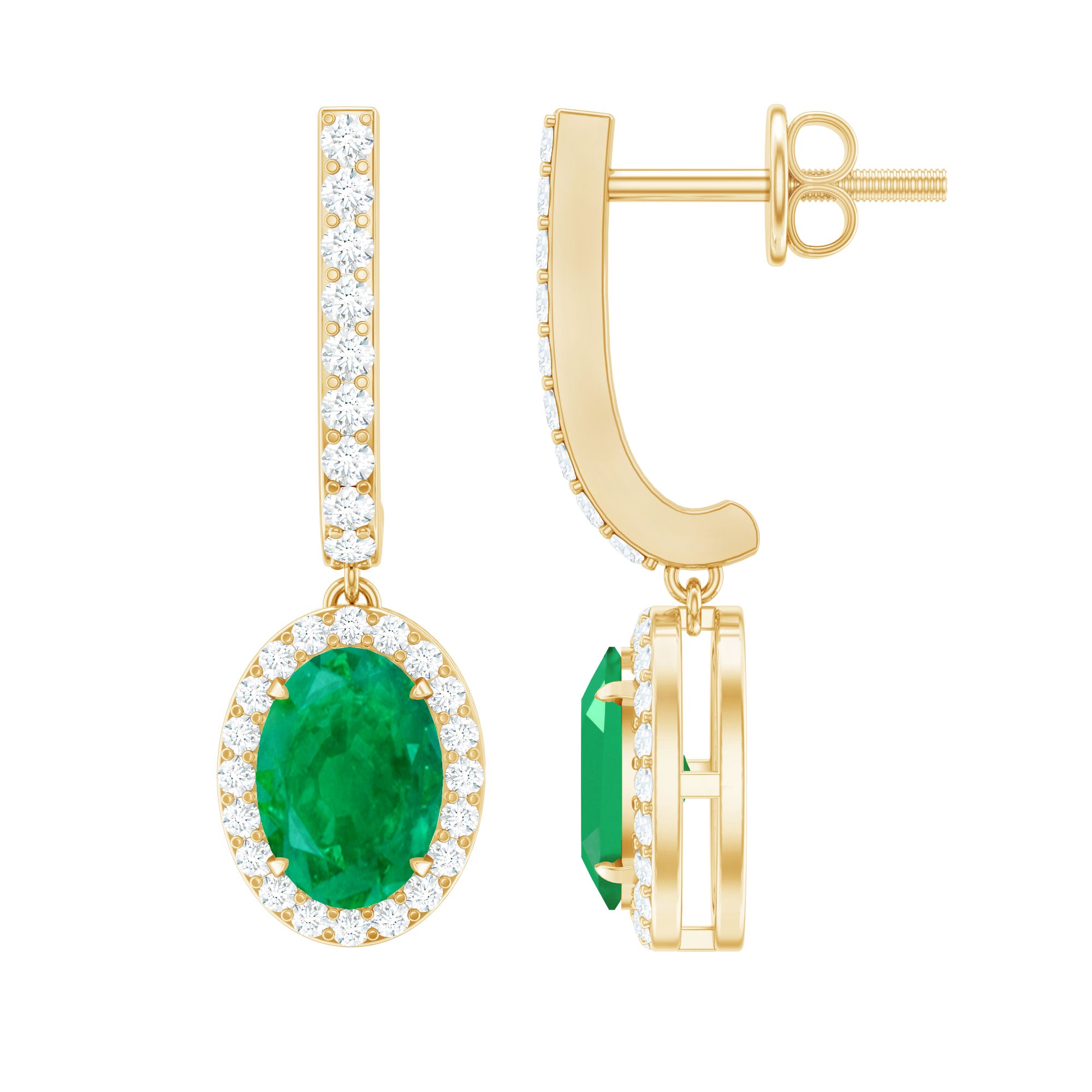 Oval Shape Emerald Hoop Drop Earrings with Diamond Halo AAA - Rosec Jewels