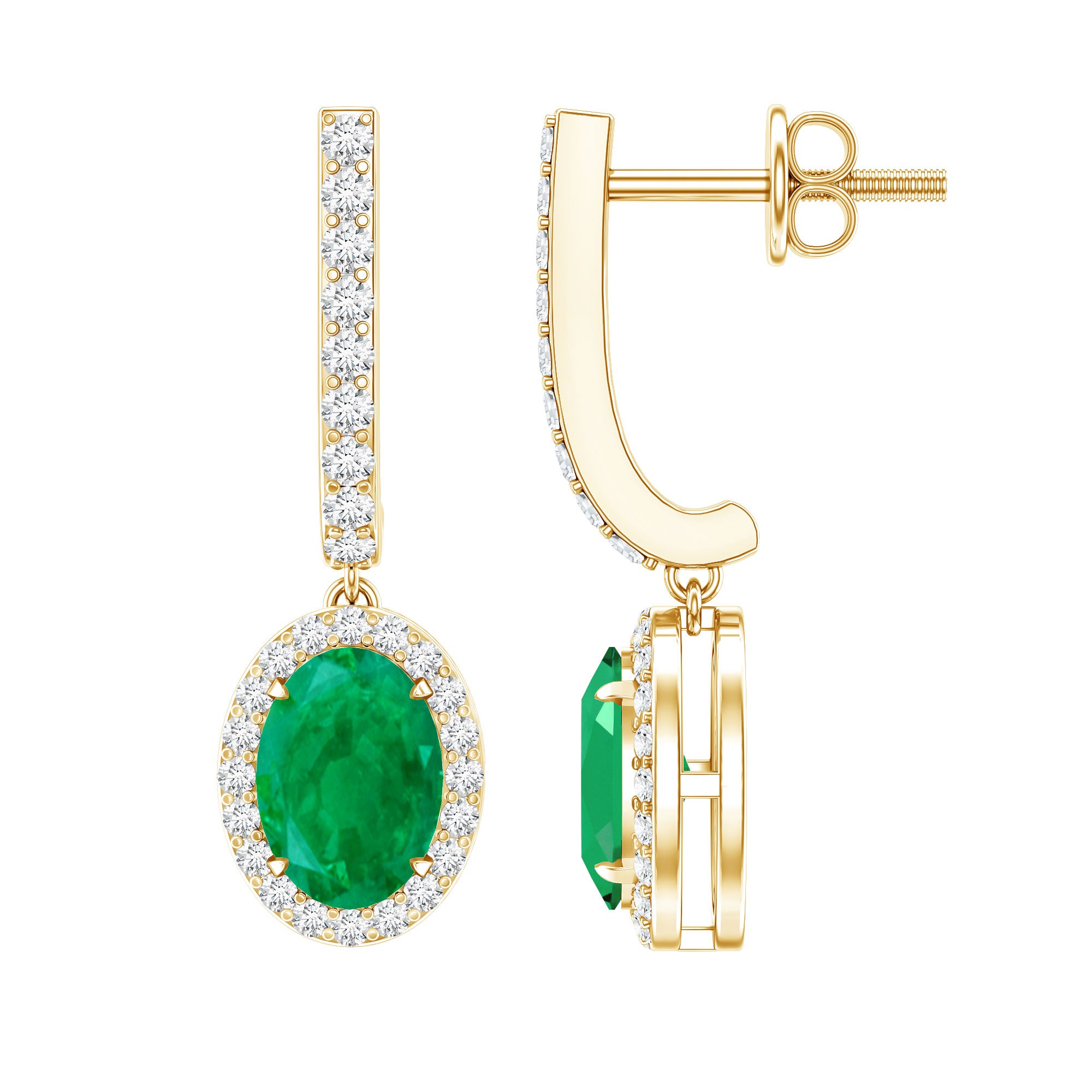 Oval Shape Emerald Hoop Drop Earrings with Diamond Halo AAA - Rosec Jewels