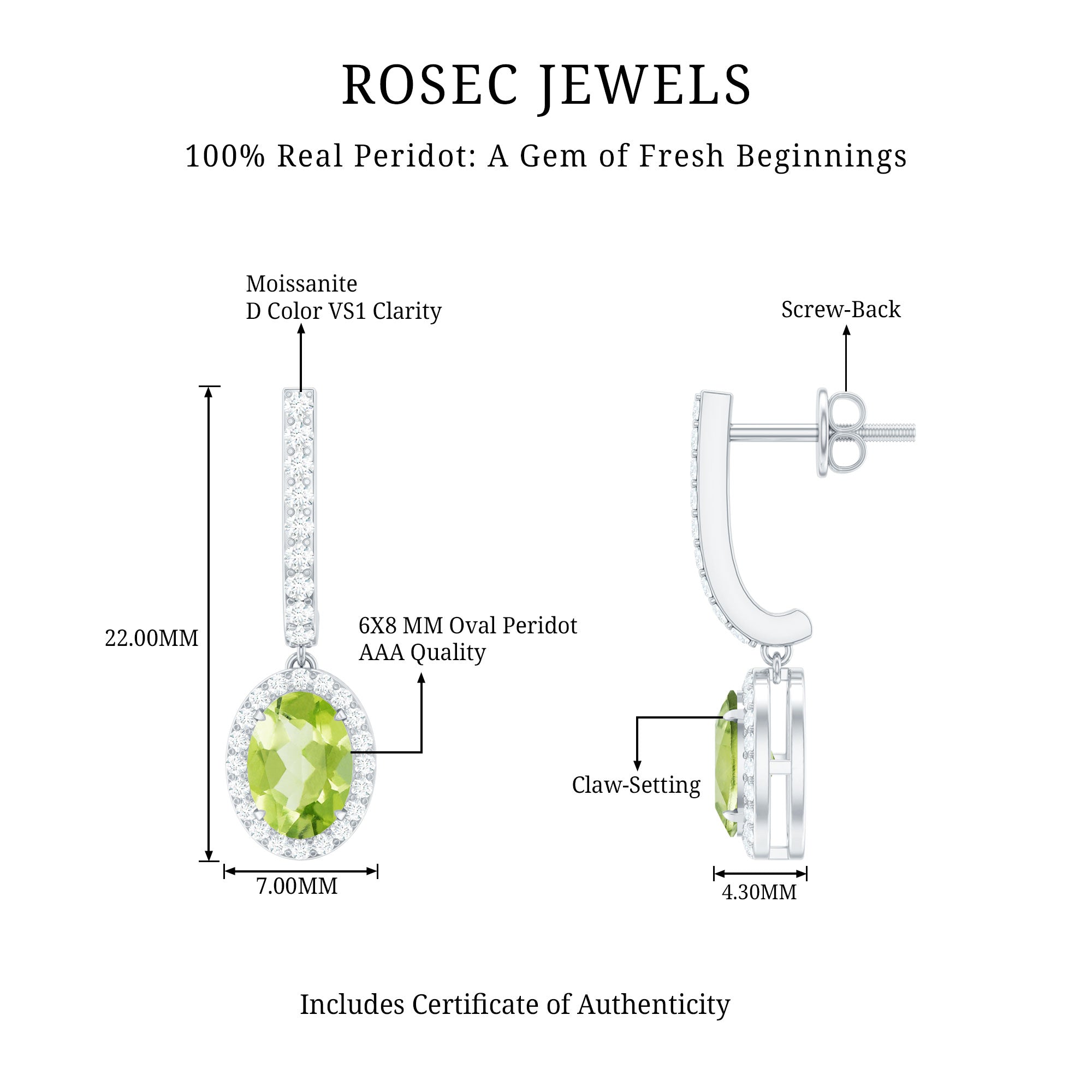 2 Carat Claw Set Peridot and Moissanite Drop Hoop Earrings AAA - Rosec Jewels