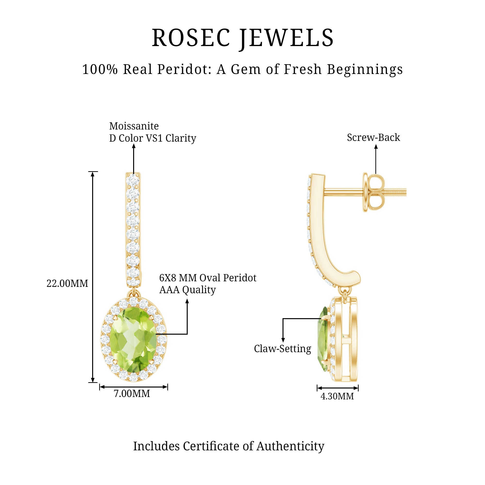 2 Carat Claw Set Peridot and Moissanite Drop Hoop Earrings AAA - Rosec Jewels