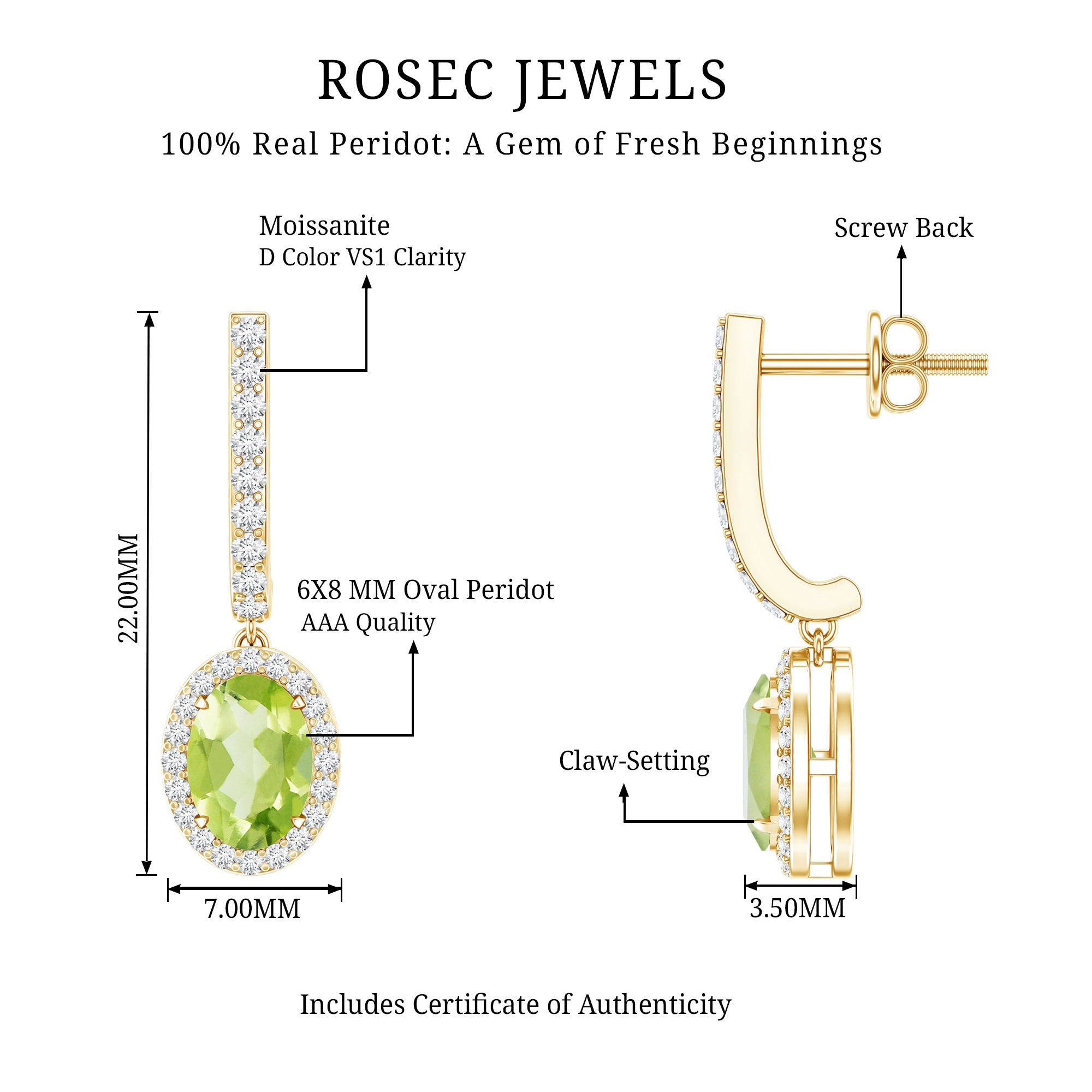 2.2 Carat Claw Set Peridot and Moissanite Drop Hoop Earrings AAA - Rosec Jewels