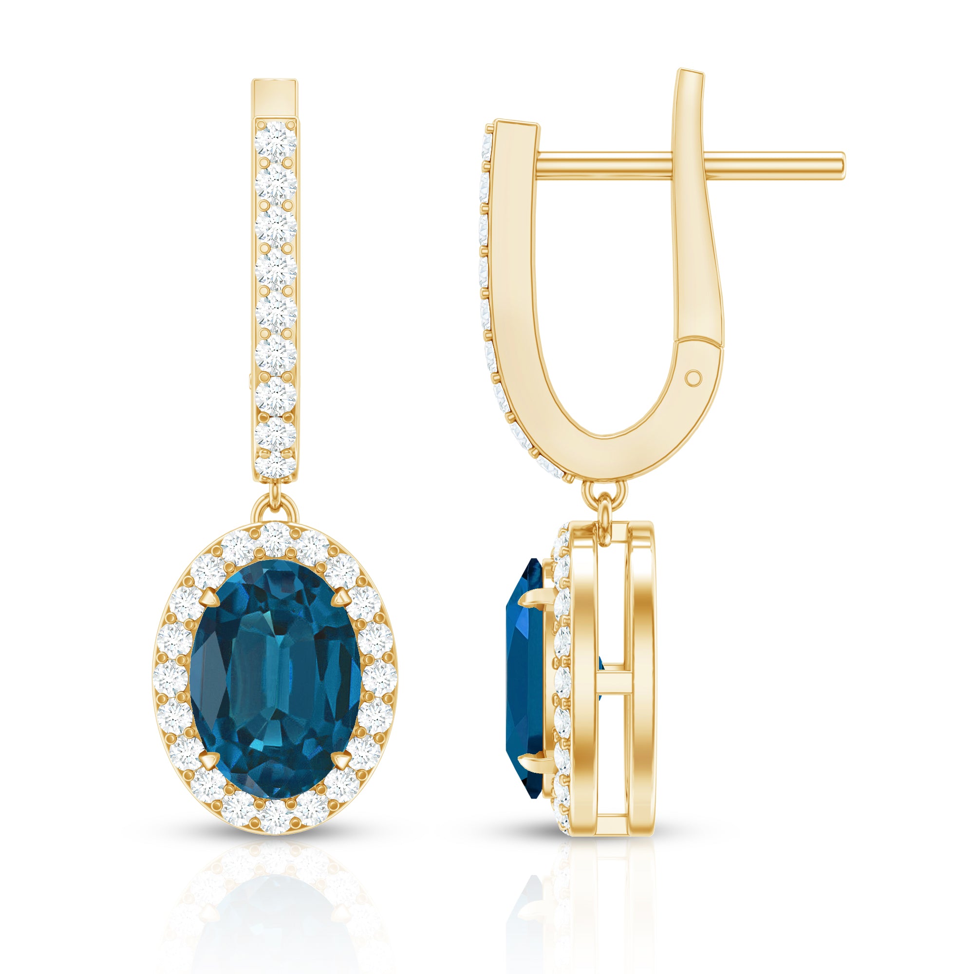 2.2 Carat Oval London Blue Topaz and Diamond Hoop Drop Earrings AAA - Rosec Jewels