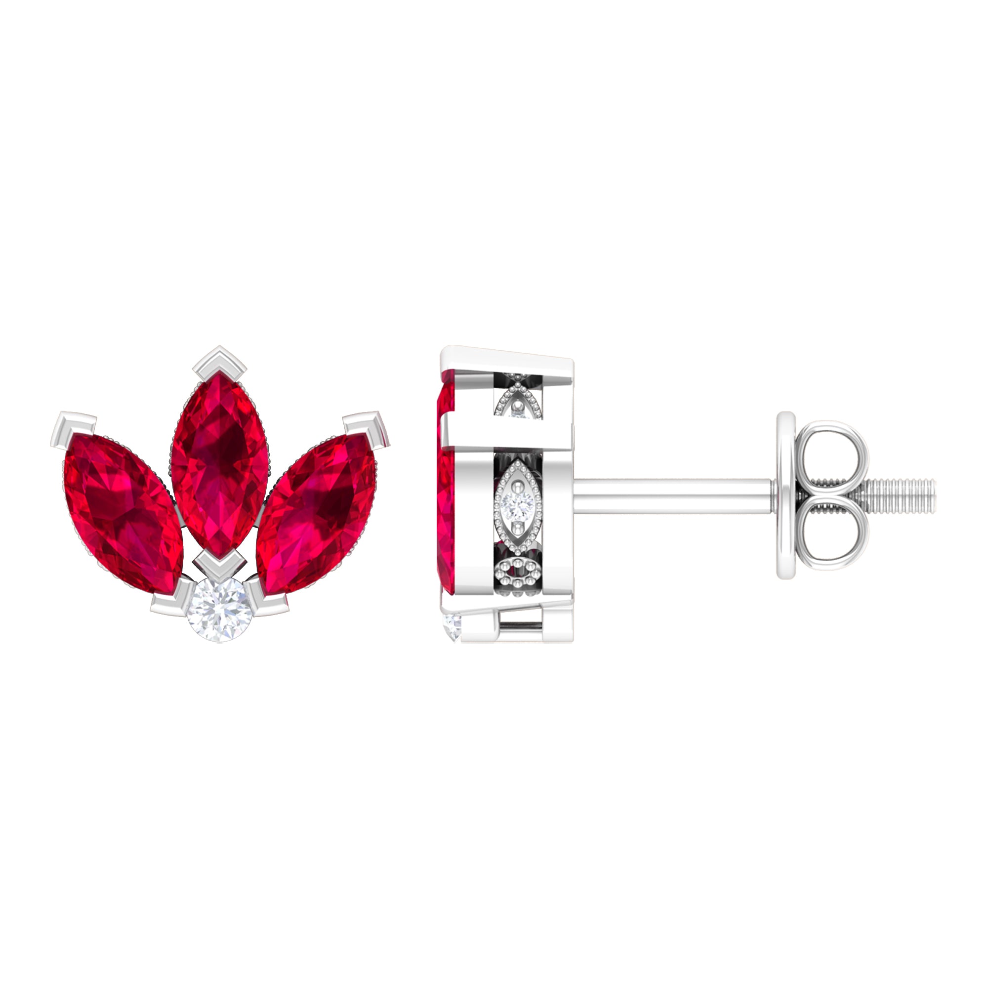 Lab Created Ruby Lotus Stud Earrings with Diamond