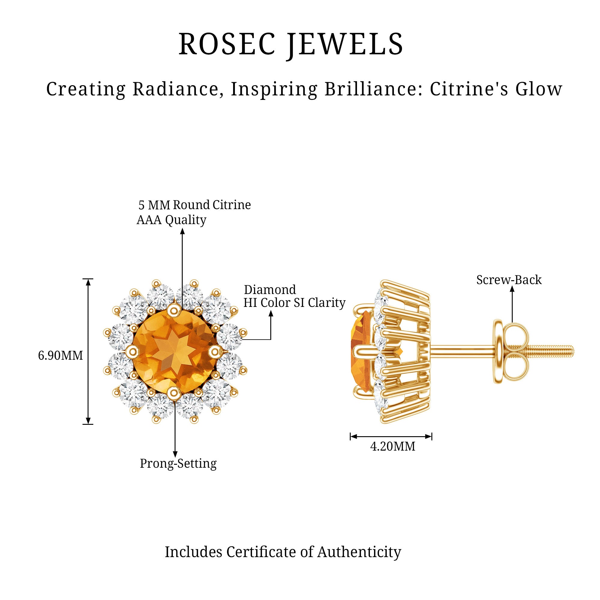 Genuine Citrine Diamond Earrings with Screw Back AAA - Rosec Jewels