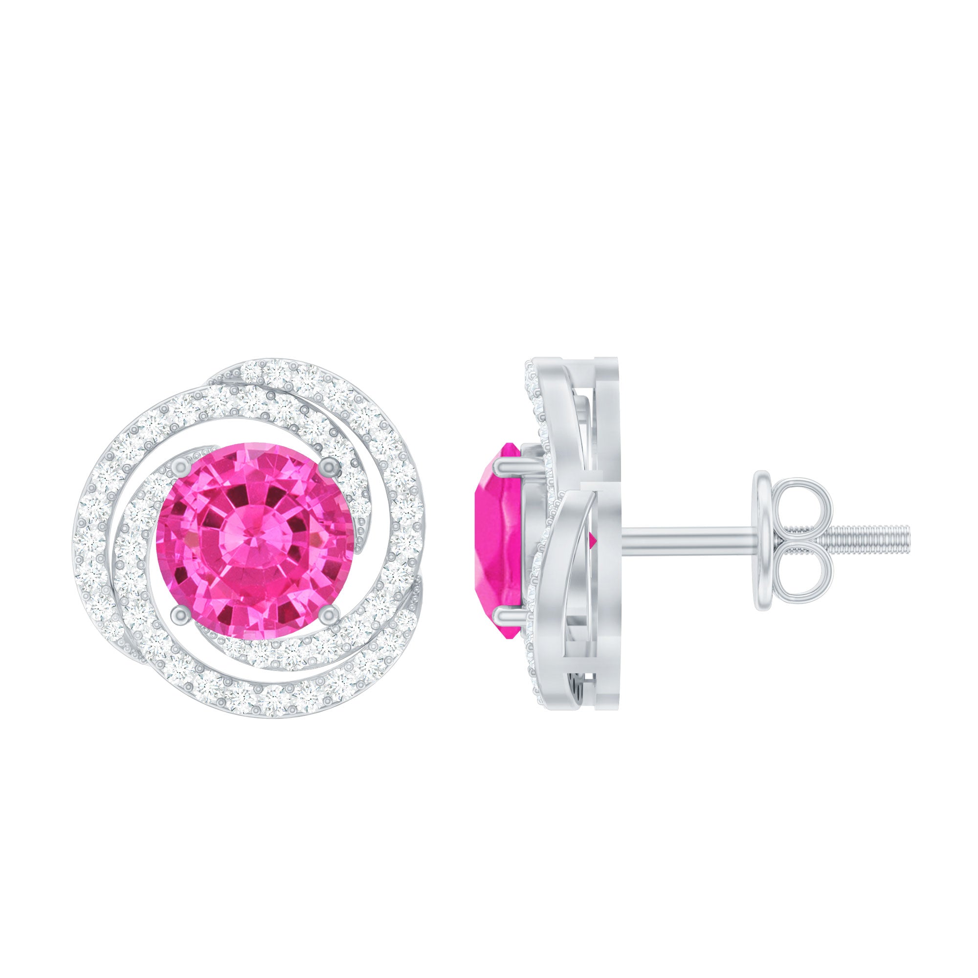 2 Carat Lab Created Pink Sapphire and Diamond Swirl Stud Earrings AAAA - Rosec Jewels