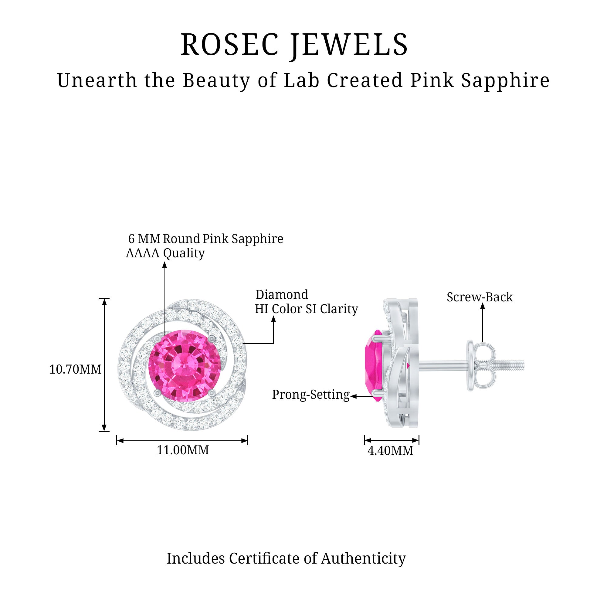2 Carat Lab Created Pink Sapphire and Diamond Swirl Stud Earrings AAAA - Rosec Jewels