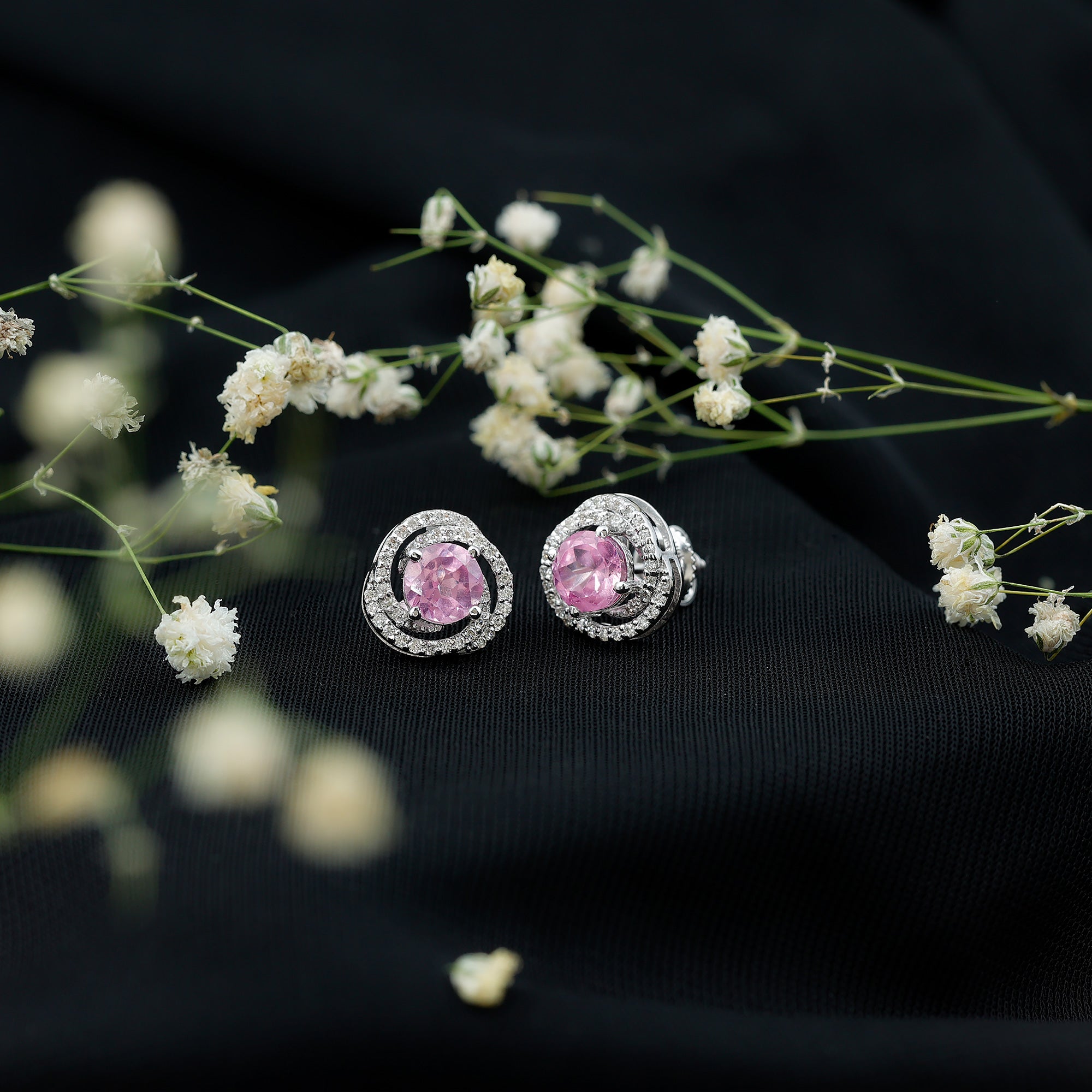 2 Carat Lab Created Pink Sapphire and Diamond Swirl Stud Earrings AAAA - Rosec Jewels