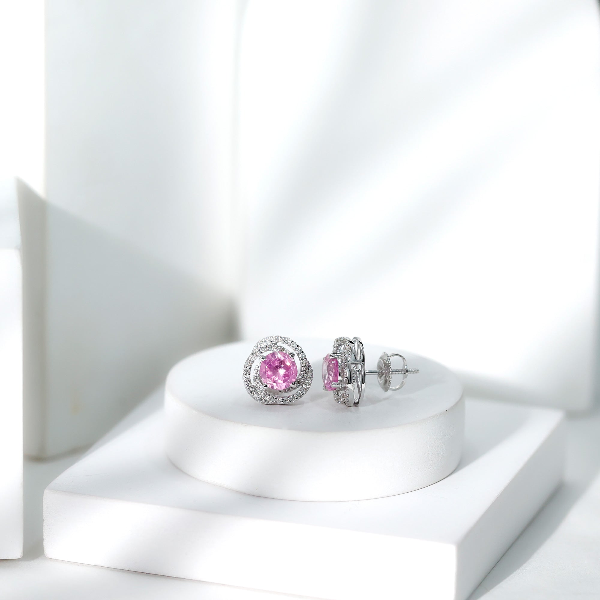 2 Carat Lab Created Pink Sapphire and Diamond Swirl Stud Earrings AAAA - Rosec Jewels