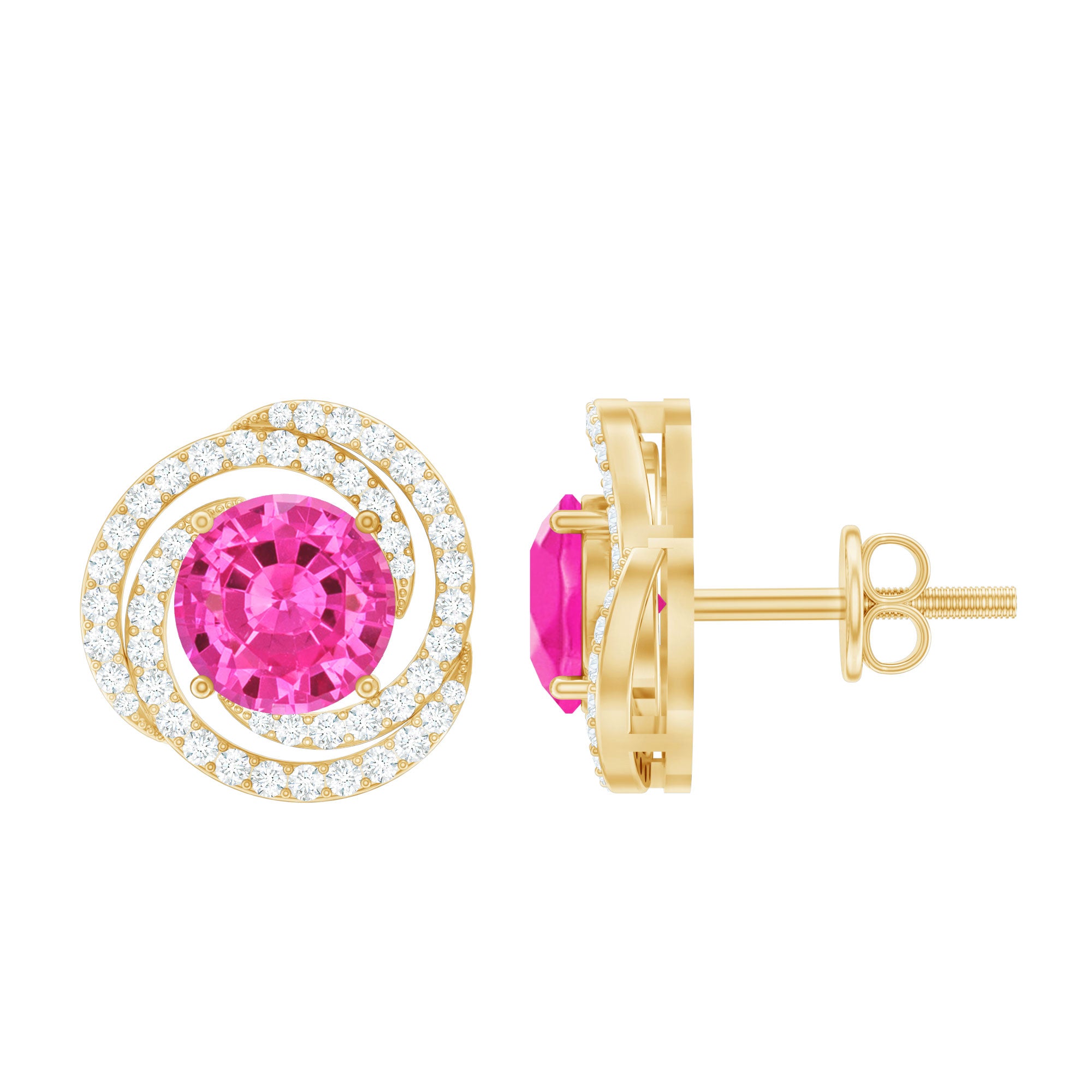 2 Carat Lab Created Pink Sapphire and Diamond Swirl Stud Earrings AAAA - Rosec Jewels