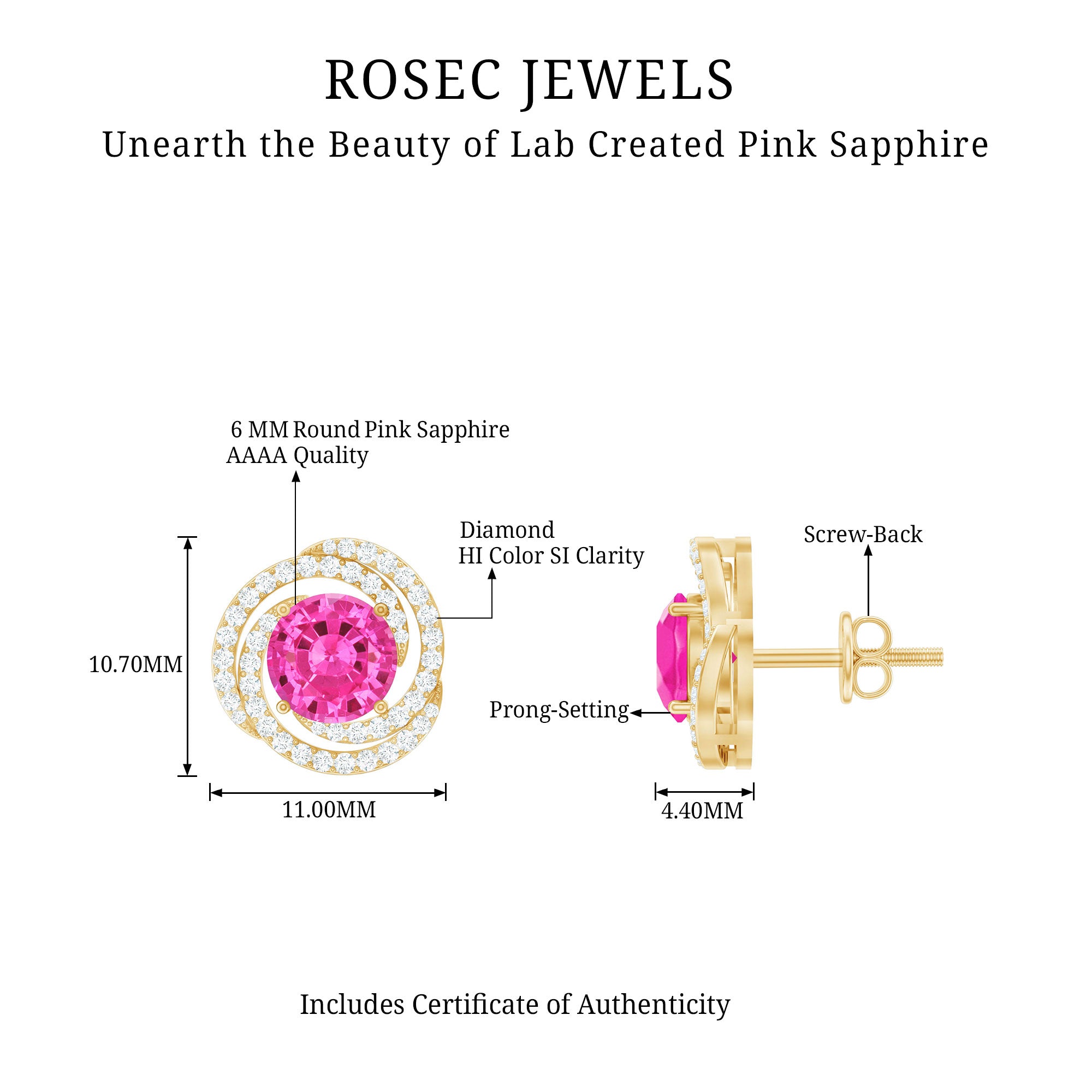 2 Carat Lab Created Pink Sapphire and Diamond Swirl Stud Earrings AAAA - Rosec Jewels
