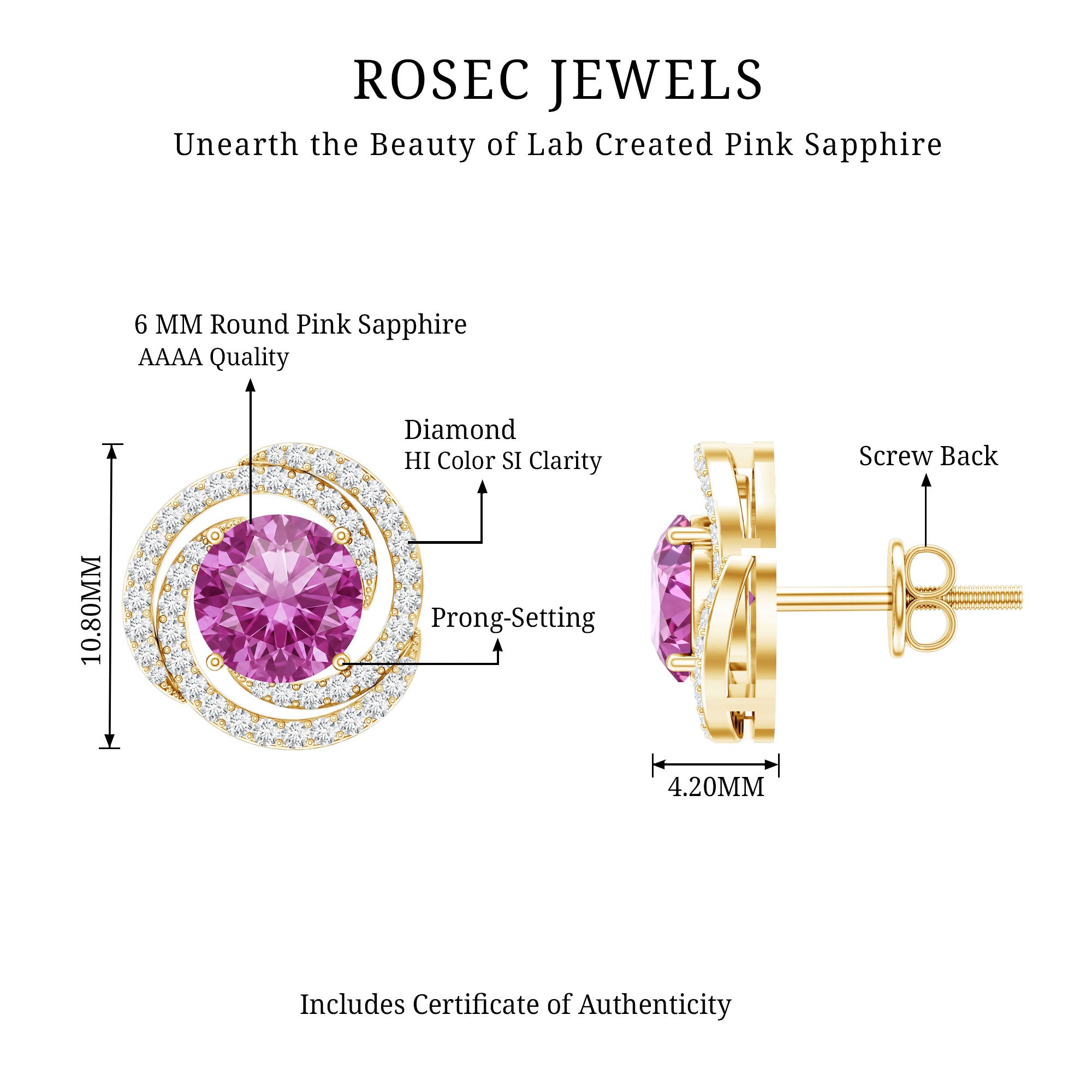 2 Carat Lab Created Pink Sapphire and Diamond Swirl Stud Earrings AAAA - Rosec Jewels