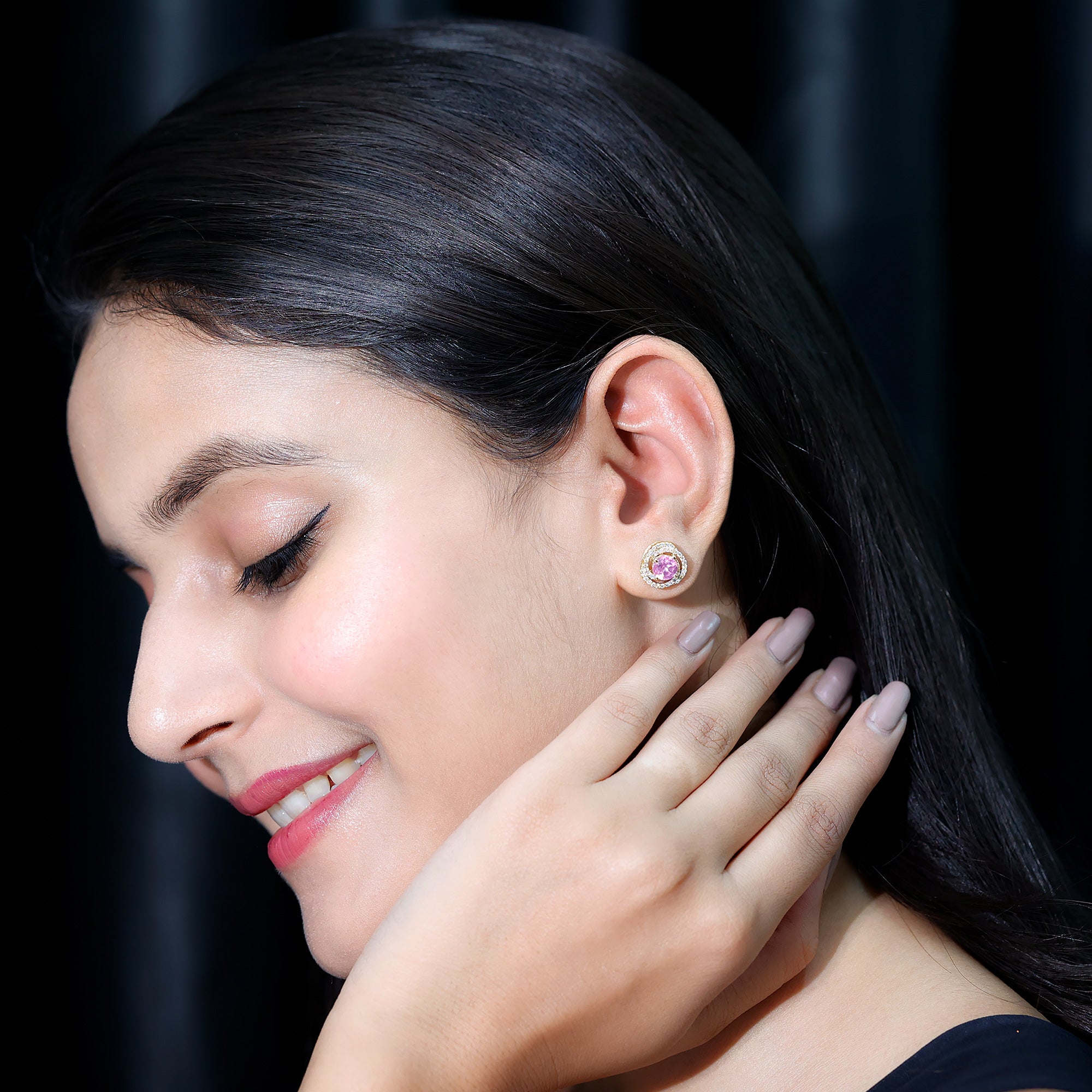 2 Carat Lab Created Pink Sapphire and Diamond Swirl Stud Earrings AAAA - Rosec Jewels
