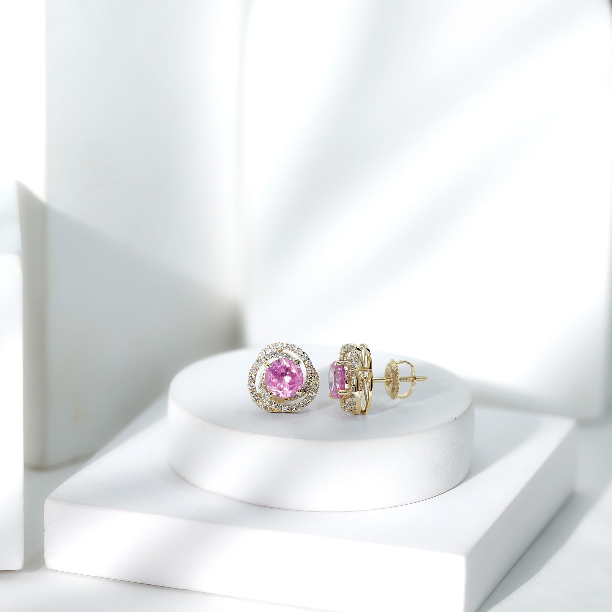 2 Carat Lab Created Pink Sapphire and Diamond Swirl Stud Earrings AAAA - Rosec Jewels