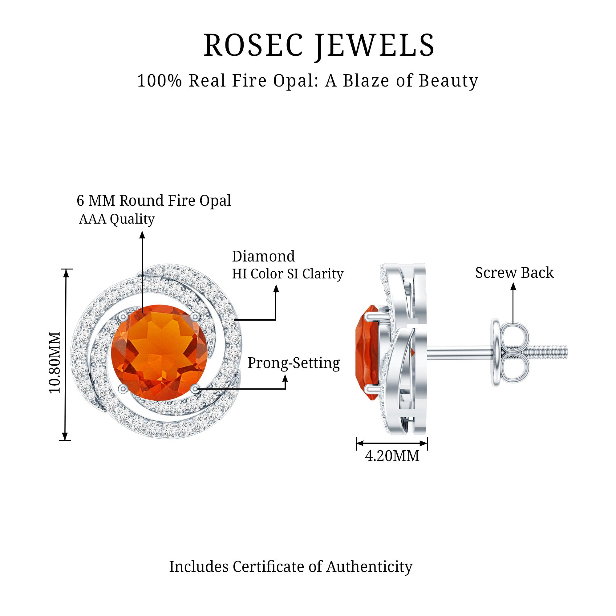 Real Fire Opal and Diamond Big Stud Earrings AAA - Rosec Jewels