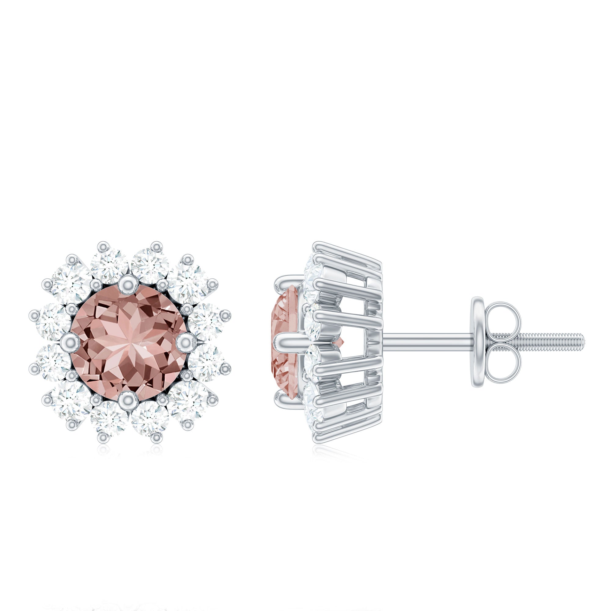 1 CT Morganite and Diamond Halo Stud Earrings