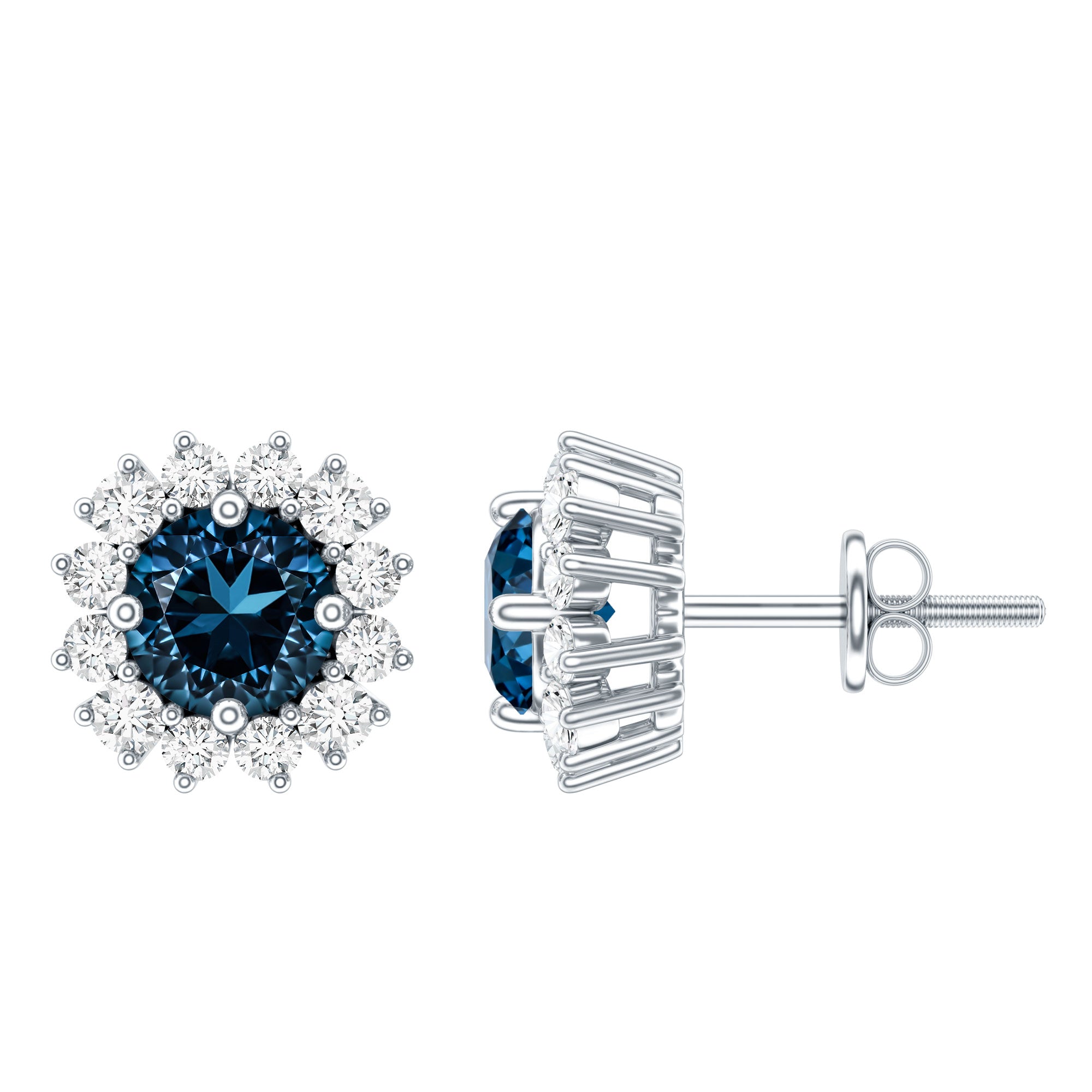 Real London Blue Topaz and Diamond Halo Stud Earrings AAA - Rosec Jewels