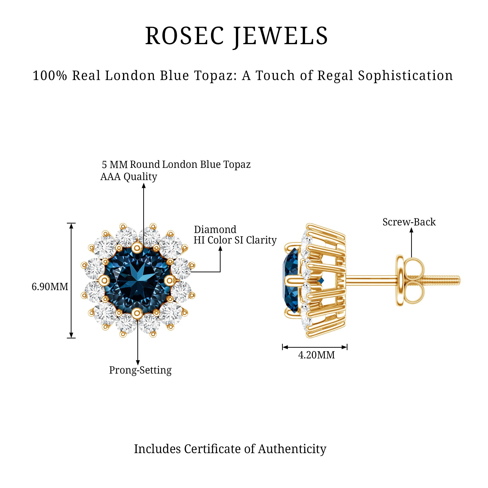 Real London Blue Topaz and Diamond Halo Stud Earrings AAA - Rosec Jewels