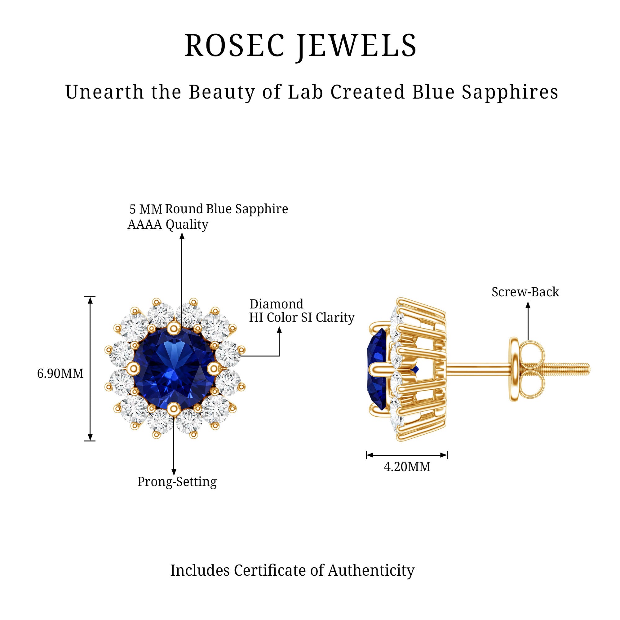 Brilliant Cut Lab Created Blue Sapphire Stud Earrings with Diamond Halo AAAA - Rosec Jewels