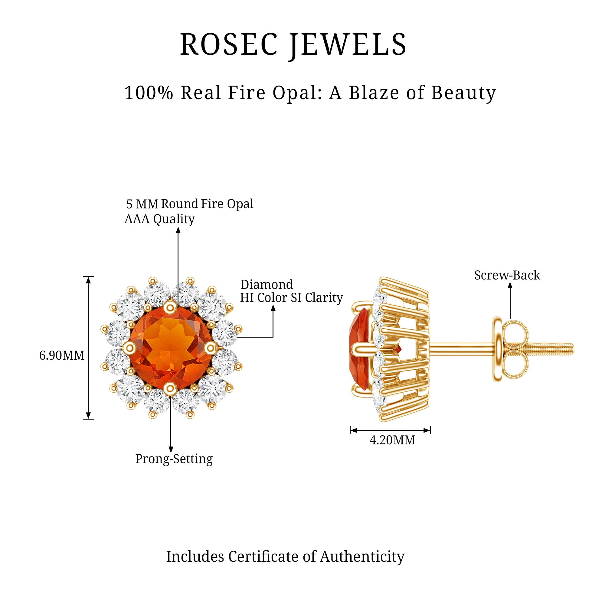 Natural Fire Opal Stud Earrings with Diamond Halo AAA - Rosec Jewels